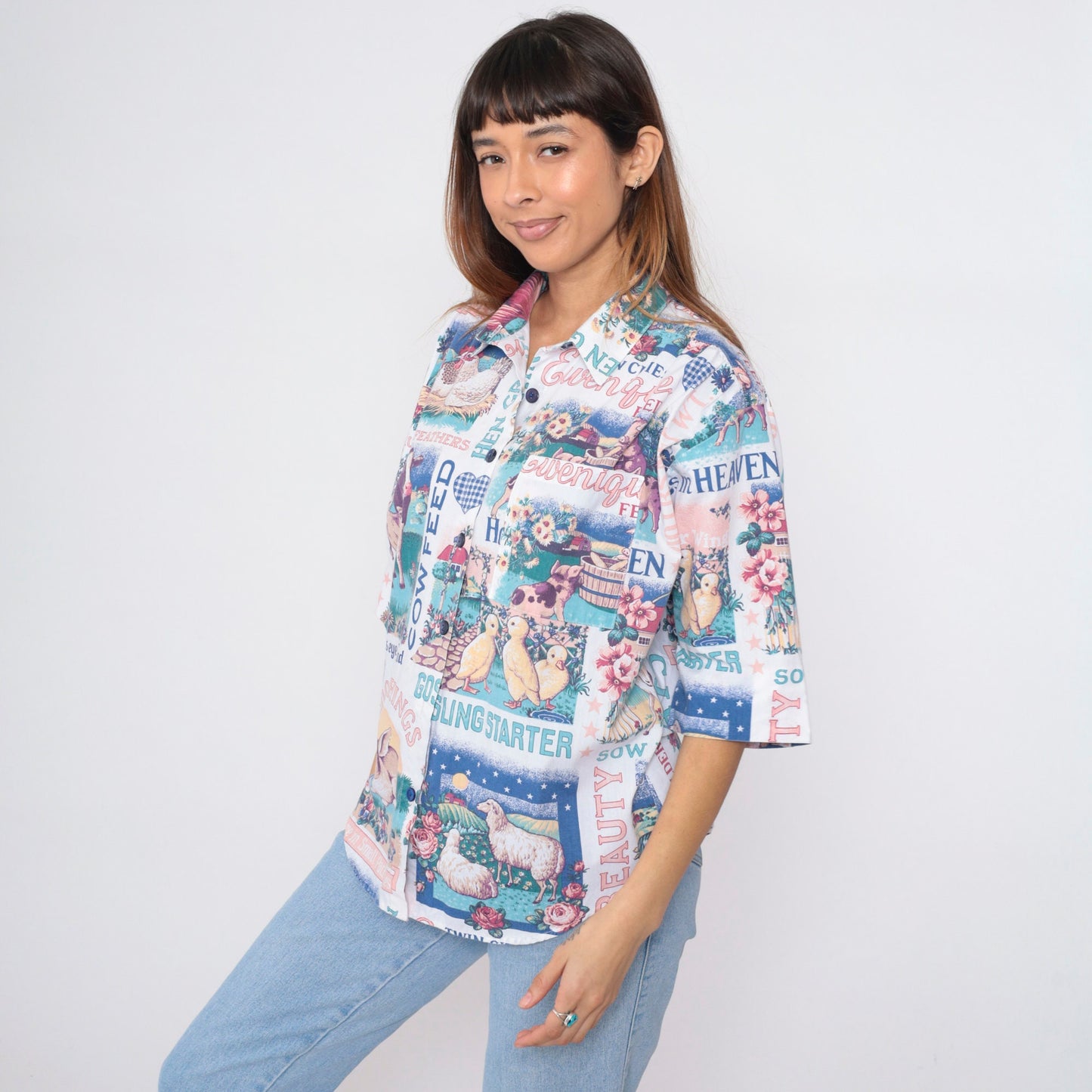 90s Farm Animal Print Button Up Blouse Cow Duck Bunny Chicken Sheep Medium