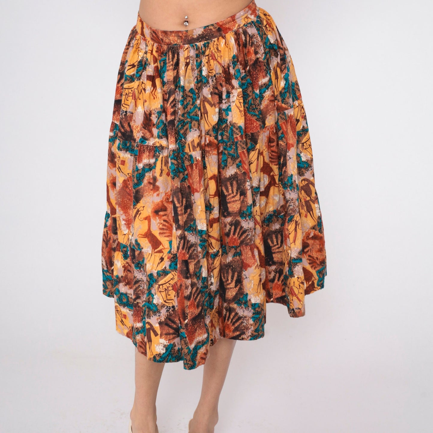 90s Tie Dye Petroglyph Tiered Midi Skirt High Waist Multicolor Cotton Medium M