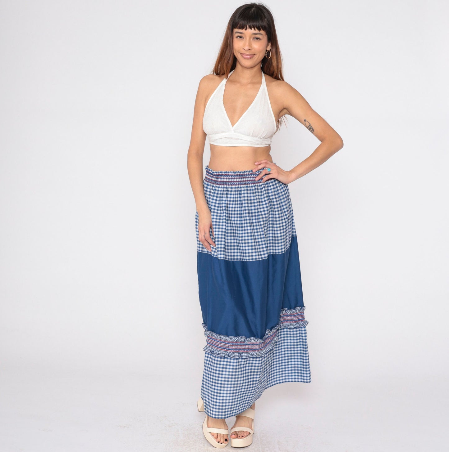 80s Blue Gingham Maxi Skirt High Waist Smocked Ruffled Patchwork Medium Large