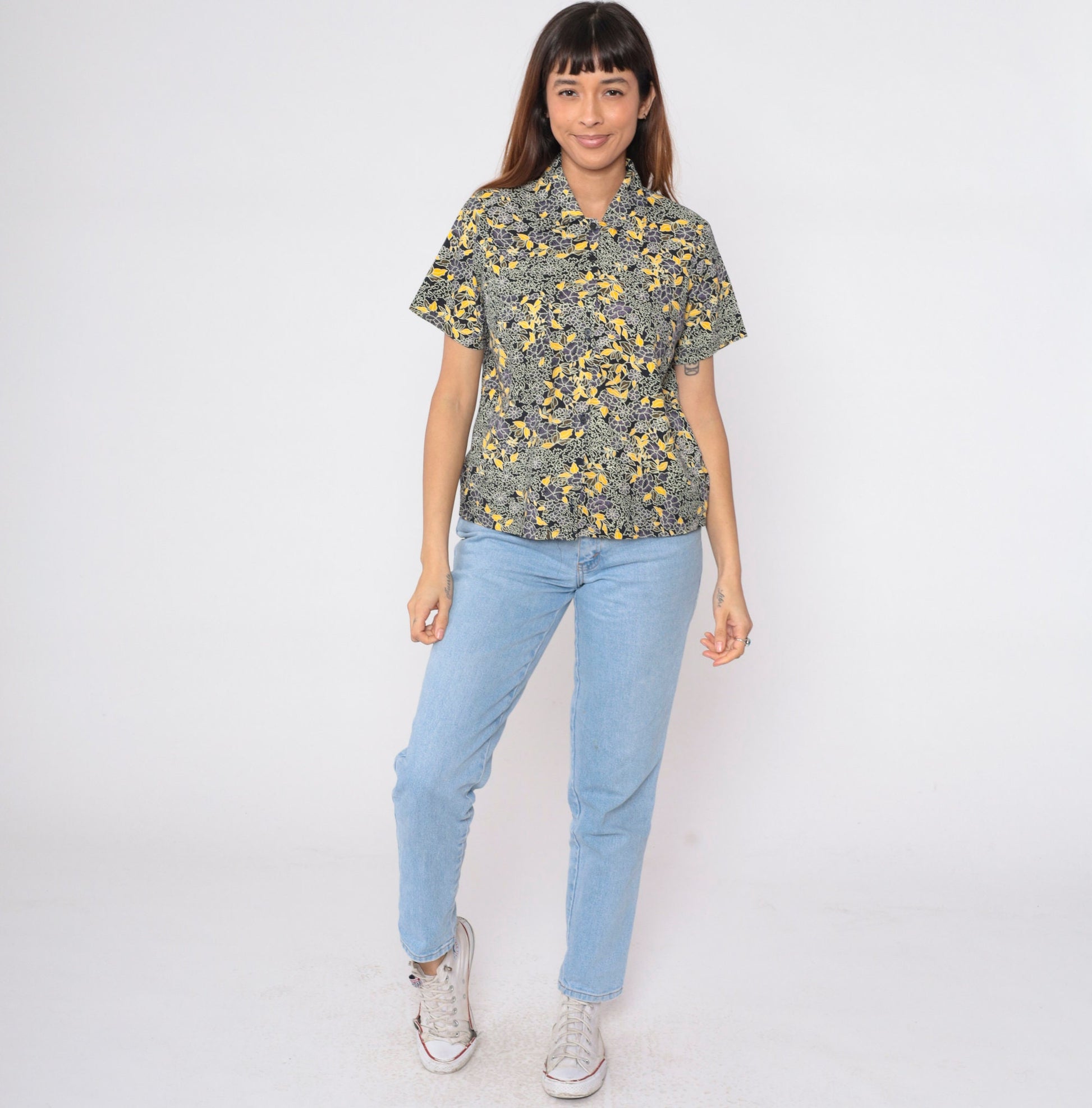 90s Black Floral Button-Up Blouse Yellow Purple Print Short Sleeve Small