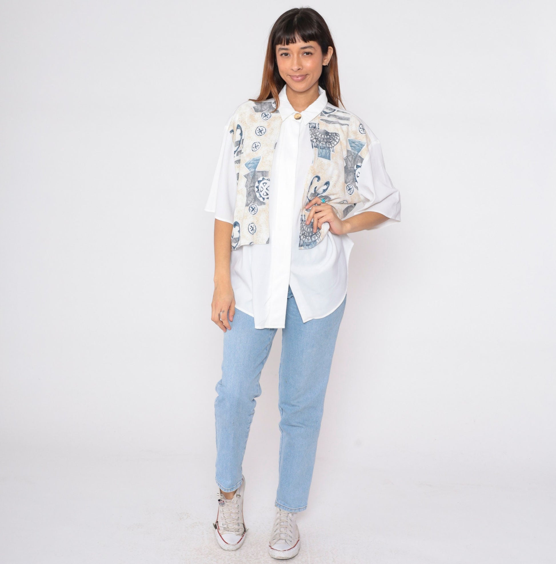 90s Geometric Button Up Shirt White Attached Vest Half Sleeve Extra Large XXL