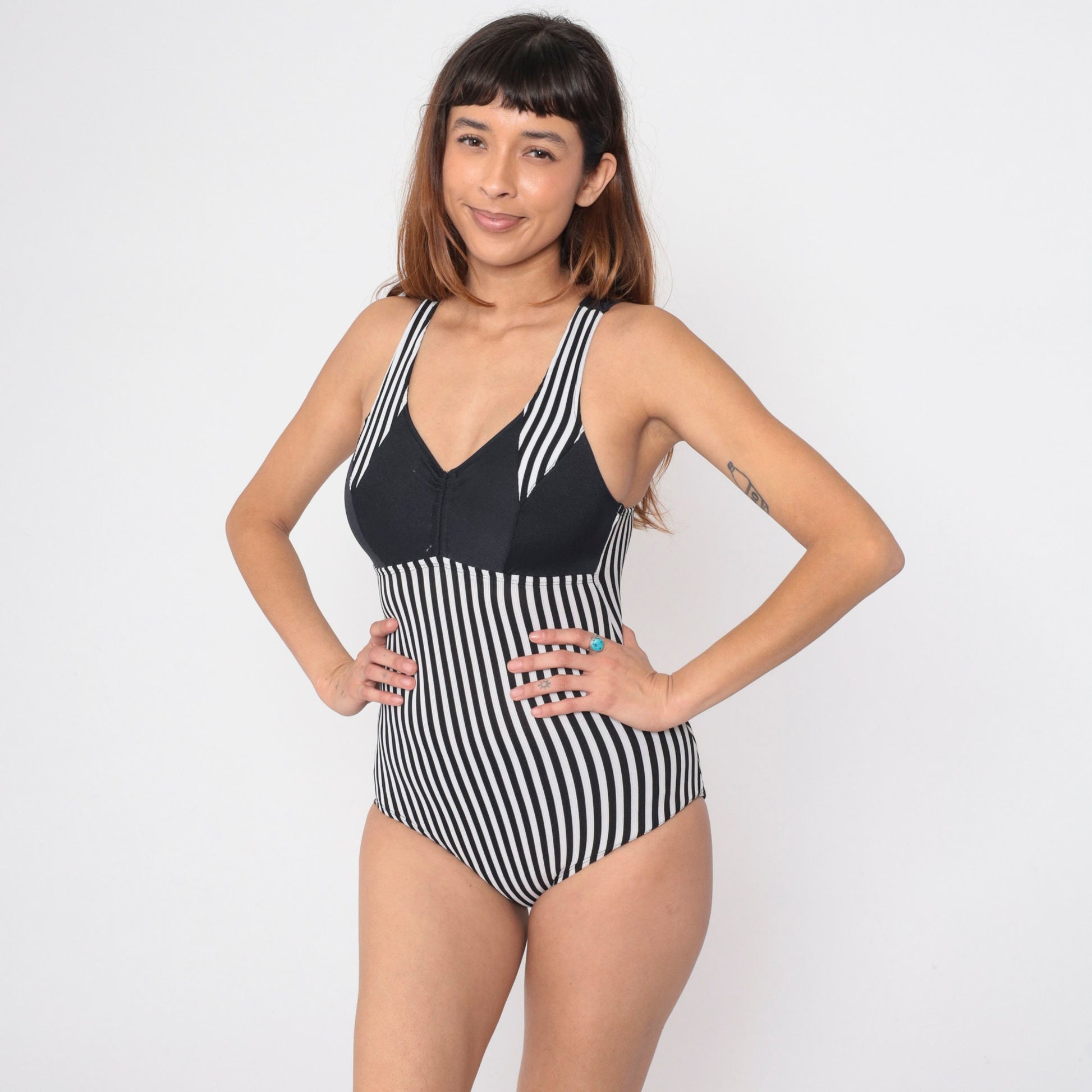 90s Black White Striped One-Piece Swimsuit V-Neck Low Cut Small
