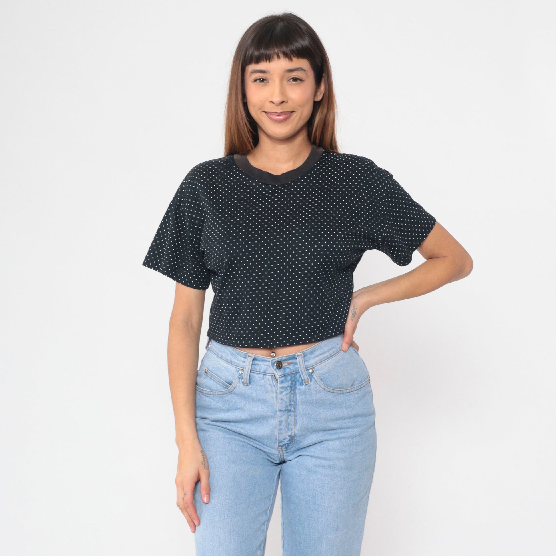 90s Black Polka Dot Crop Top White Print Short Sleeve Baby Tee Large L