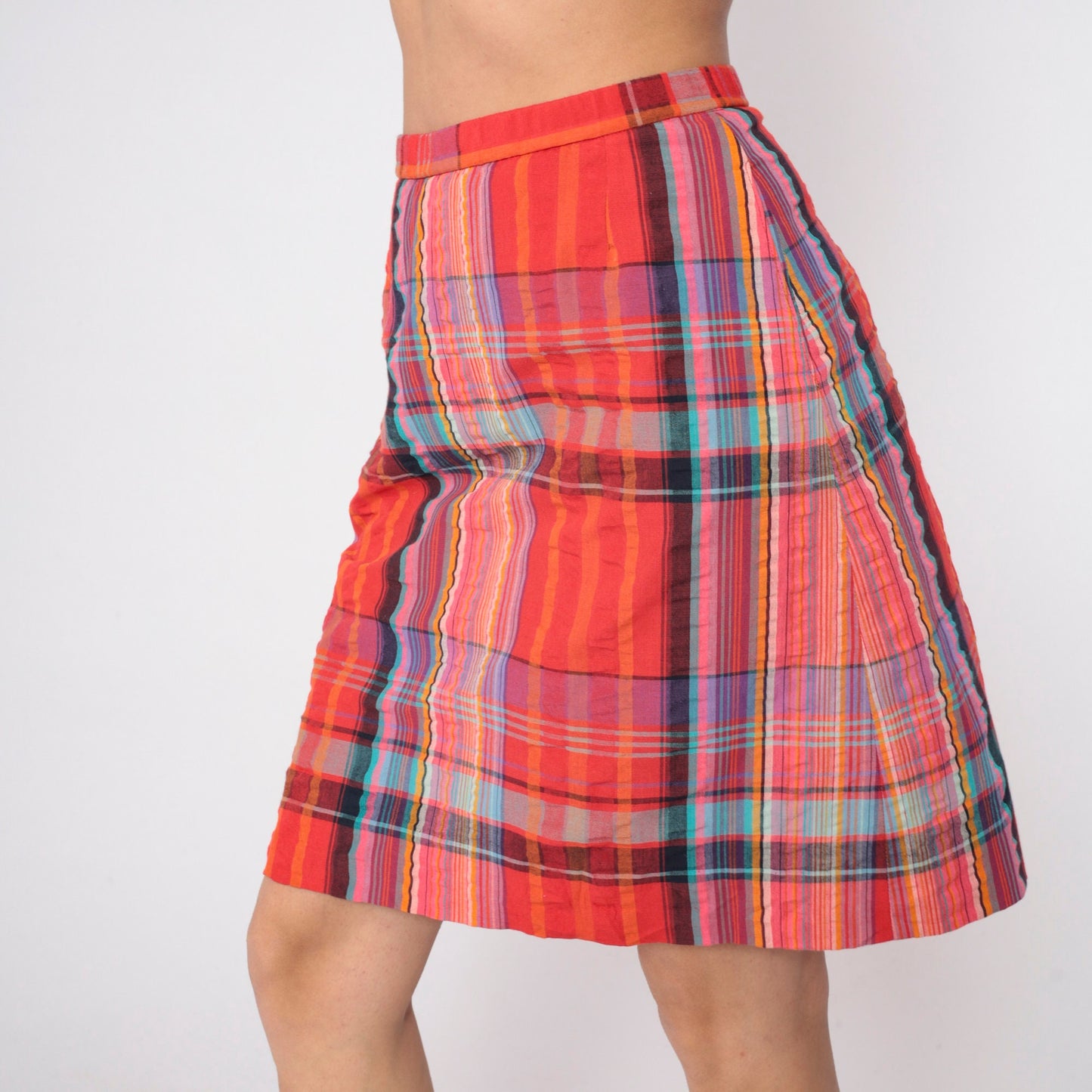 80s Red Plaid Mini Skirt High Waisted Built-In Shorts Slit Medium