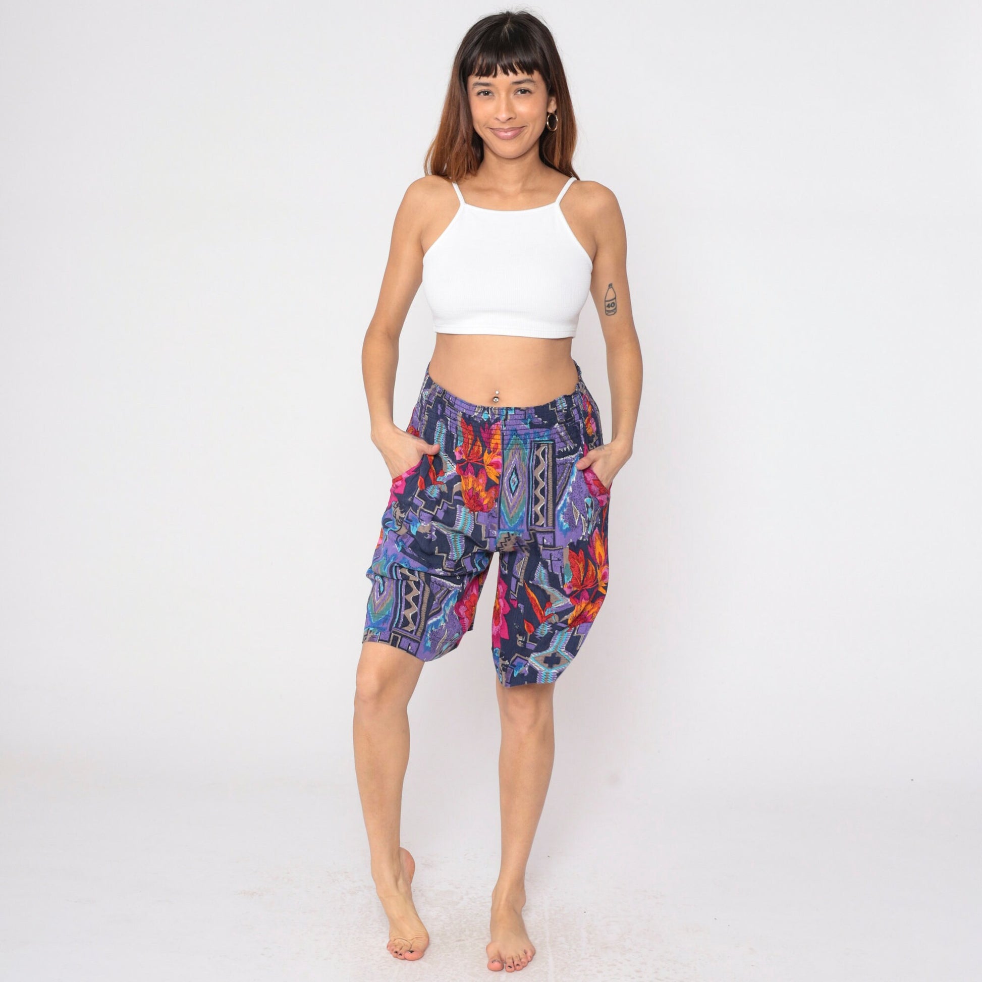 90s Carole Little Abstract Floral Wide Leg Shorts Purple Geometric Print Small