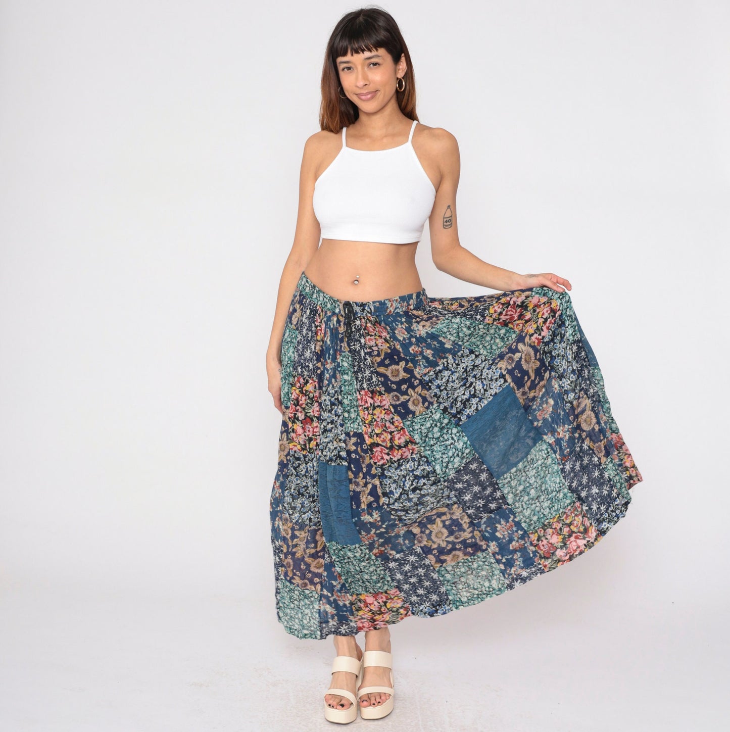 90s Patchwork Floral Maxi Skirt Blue Drawstring Rayon Medium M