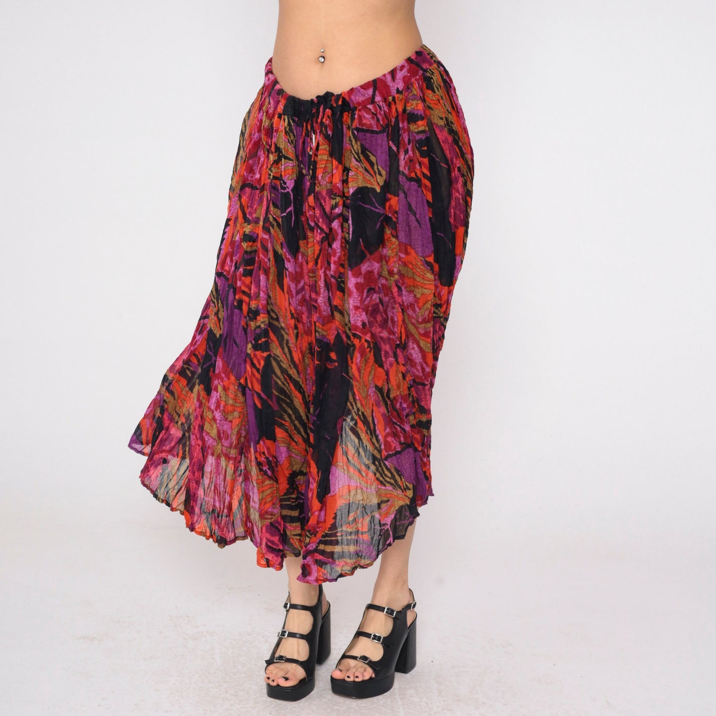 90s Floral Broomstick Midi Skirt Pleated Drawstring Waist Black Purple Red Orange Extra Large