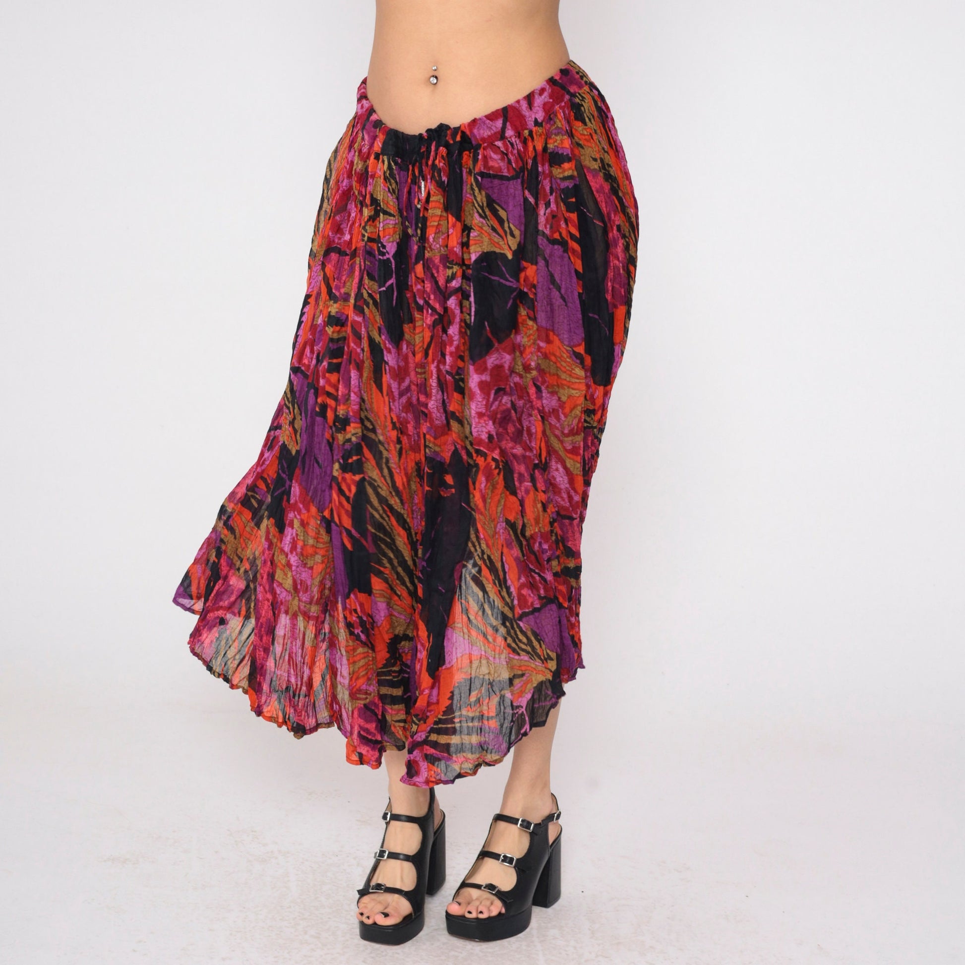 90s Floral Broomstick Midi Skirt Pleated Drawstring Waist Black Purple Red Orange Extra Large