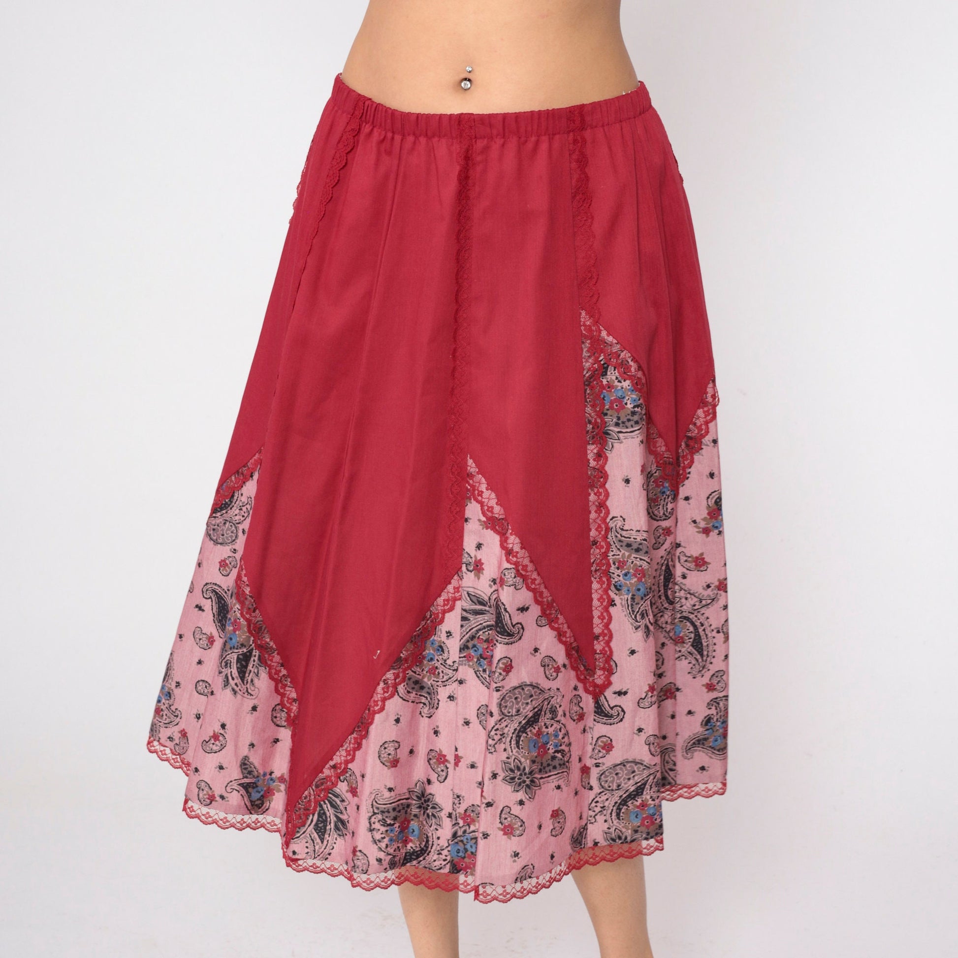 80s Red Paisley Midi Skirt Lace Trim High Waist Elastic Cotton Large