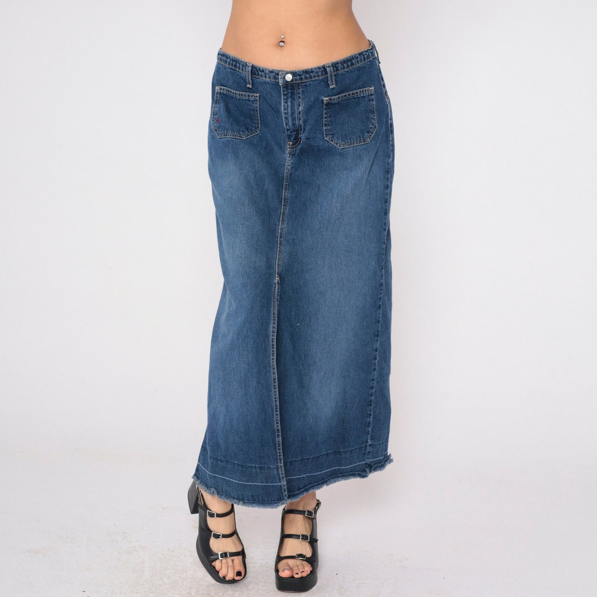 Y2K Roxy Low Rise Denim Maxi Skirt Blue Front Slit Large