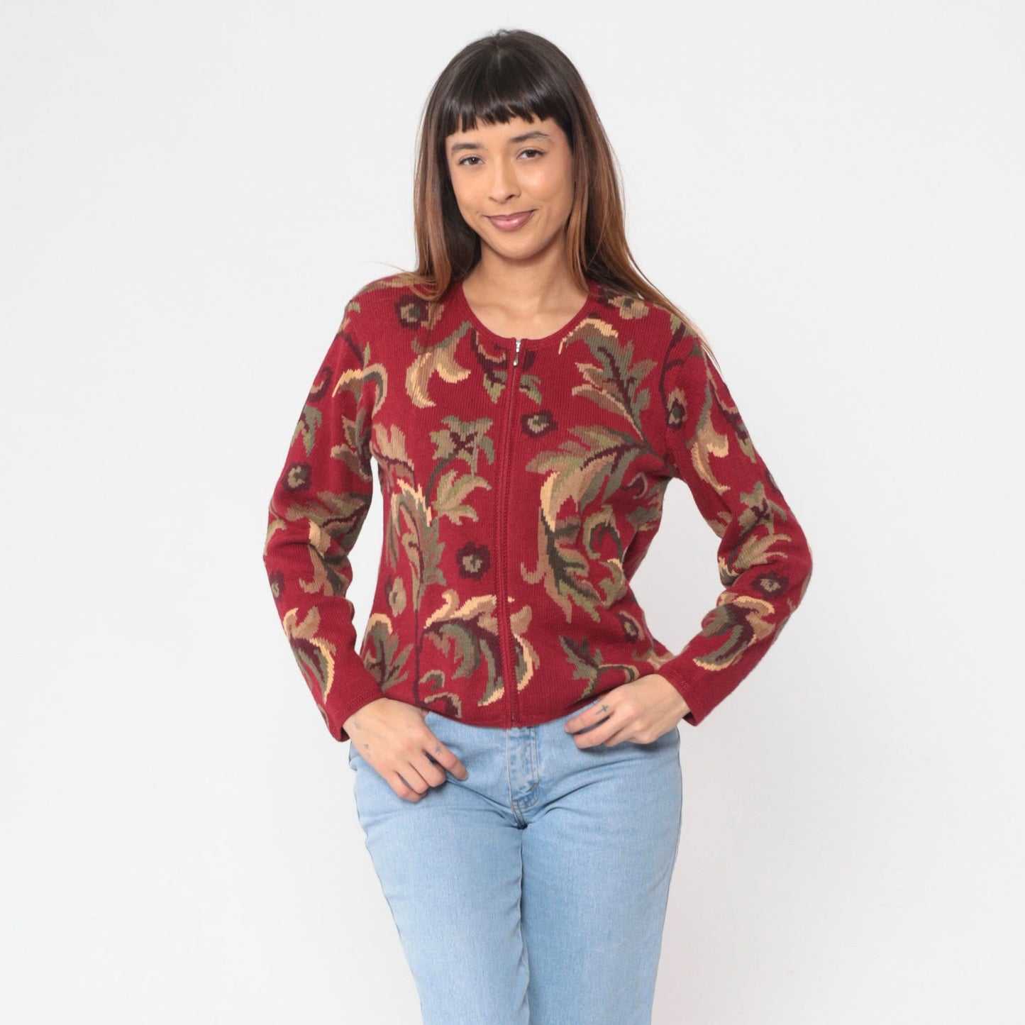 00s Talbots Leaf Print Cardigan Red Cotton Ramie Zip Knit Small S
