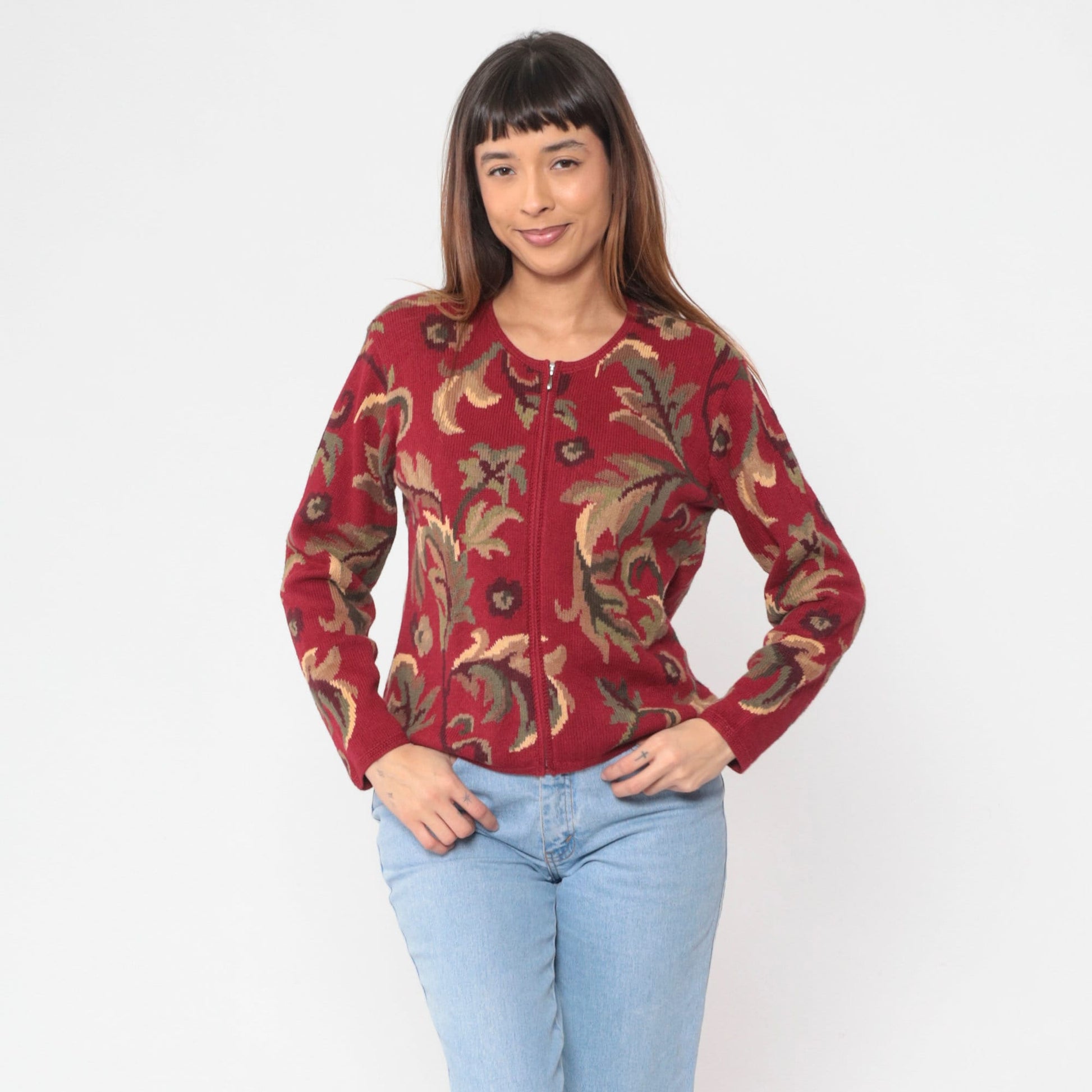 00s Talbots Leaf Print Cardigan Red Cotton Ramie Zip Knit Small S