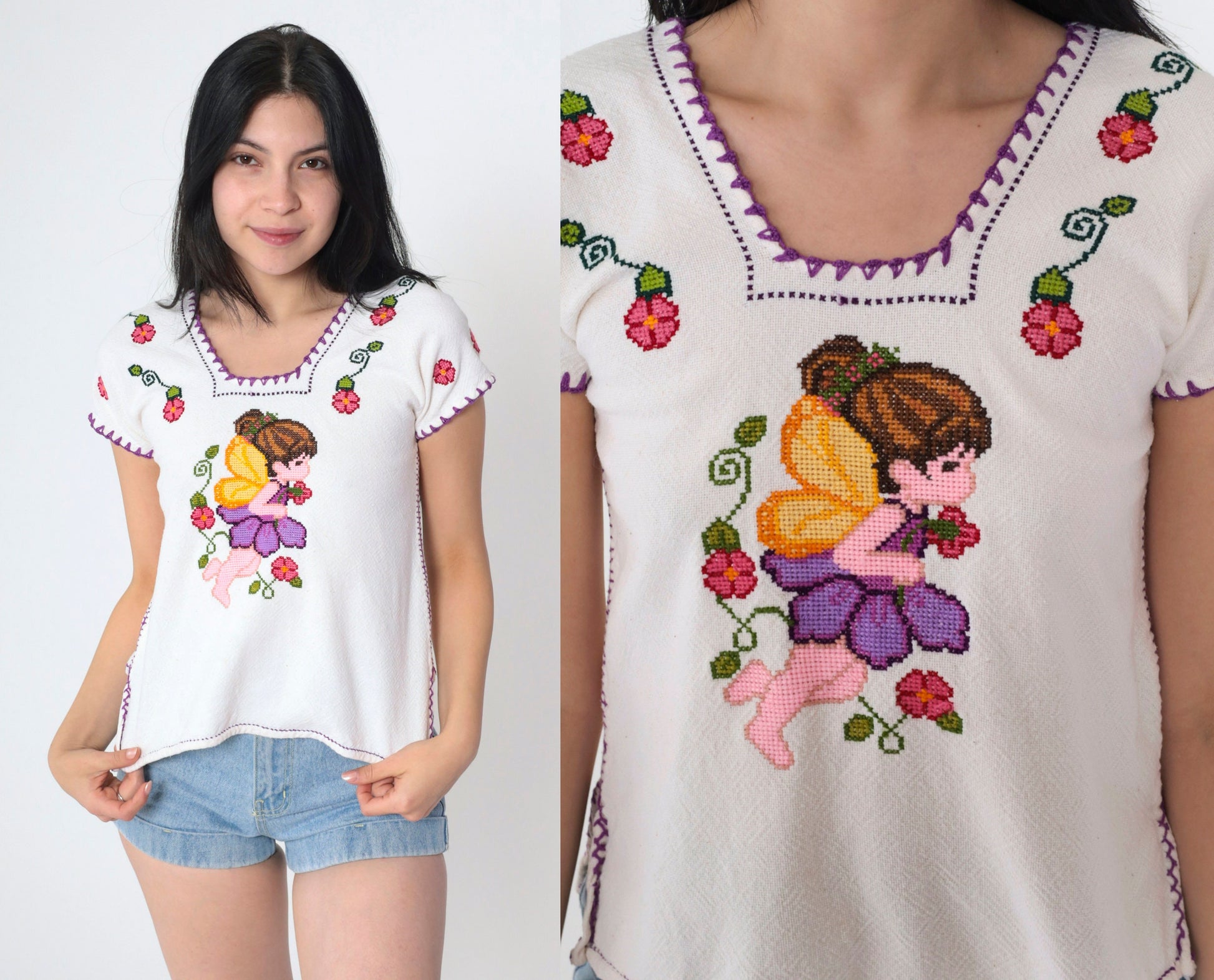 90s Cross Stitch Fairy Embroidered Floral Blouse White Mexican Top XXS