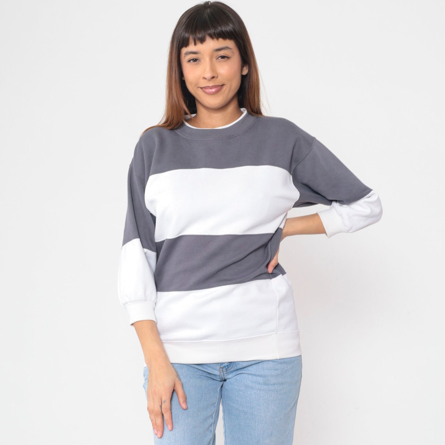 90s Striped Color Block Sweatshirt White Grey Crewneck Small