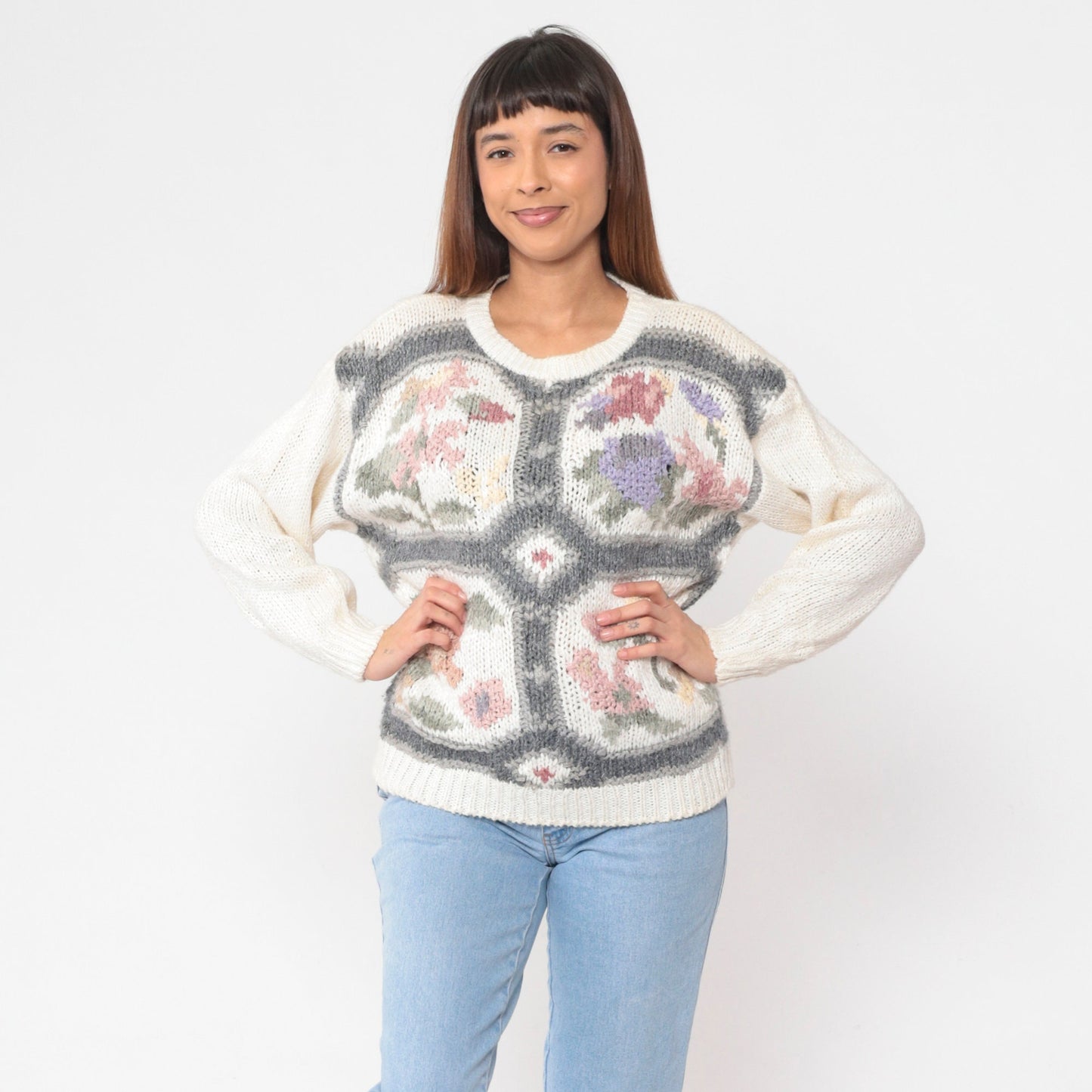 80s White Floral Knit Pullover Sweater Cotton Ramie Small S