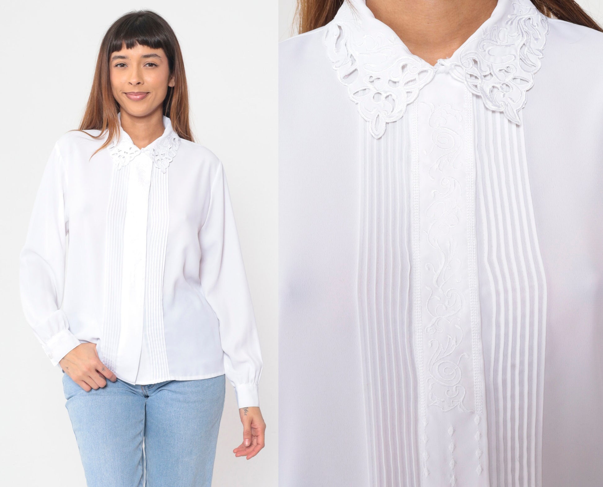 90s Karen Scott White Pleated Blouse Floral Embroidered Cutout Collar Small