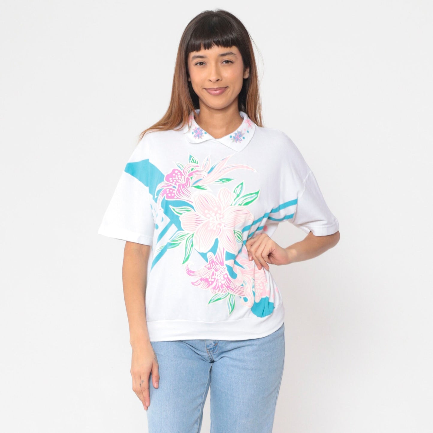 90s White Floral Collared Blouse Abstract Lily Print Short Sleeve Banded Hem Large L