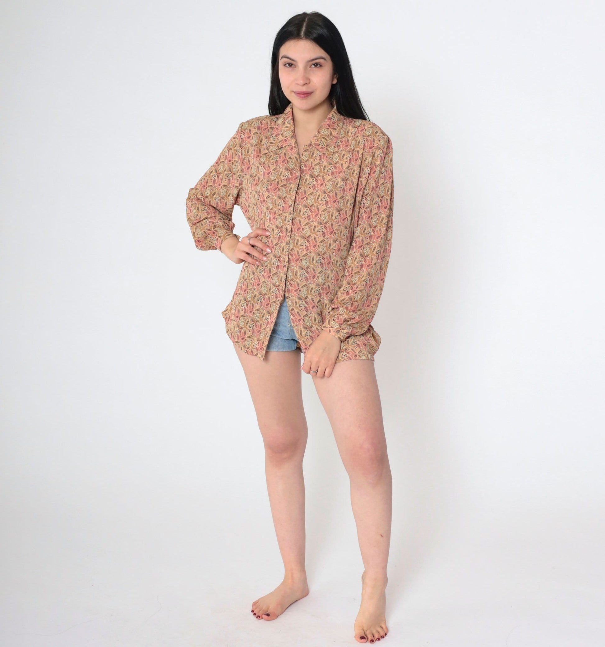 90s Tan Floral Abstract Button-Up Blouse Pink Pointed Collar Long Sleeve Medium