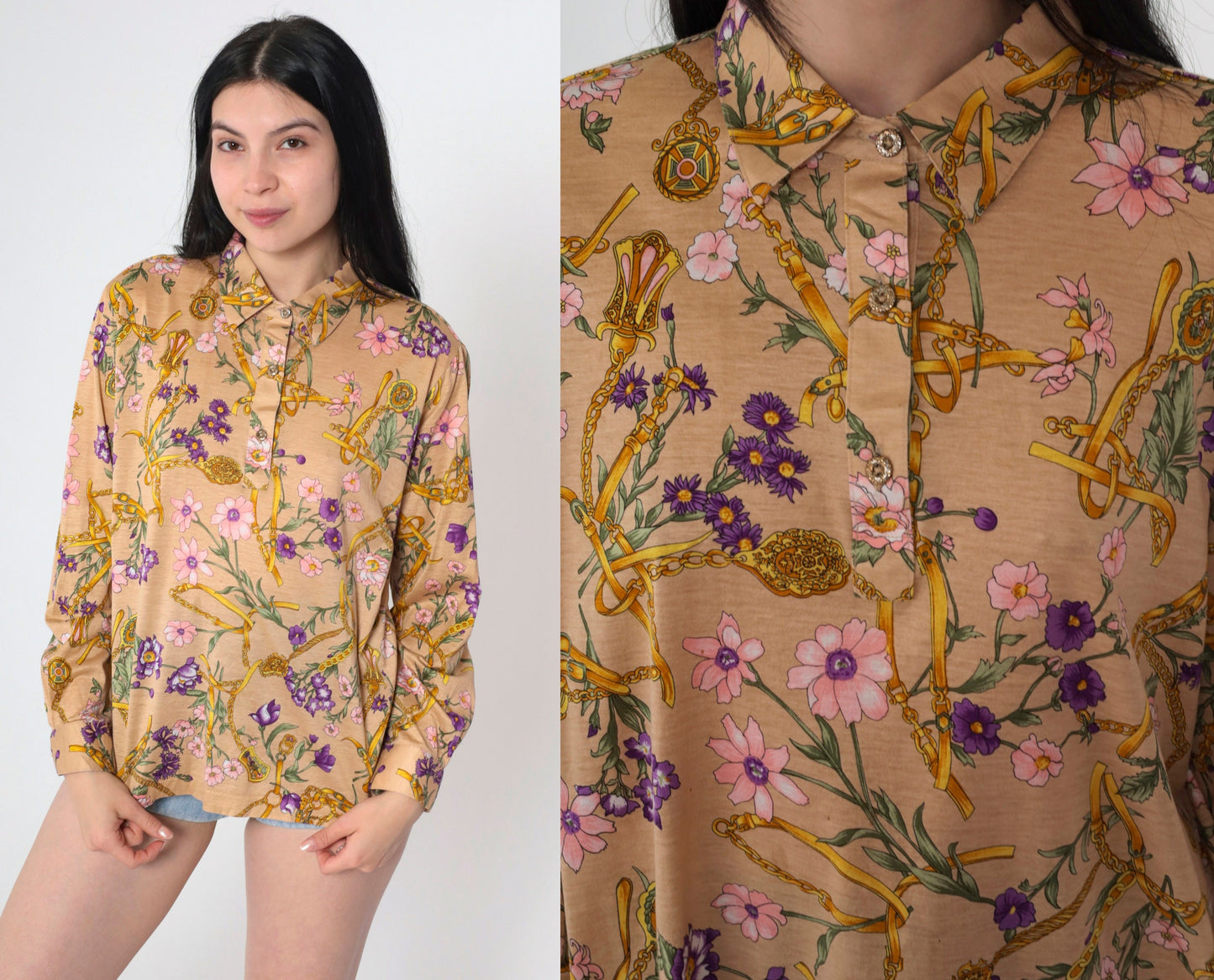 00s Baroque Floral Button-Up Blouse Tan Long Sleeve Collared Shirt Large L