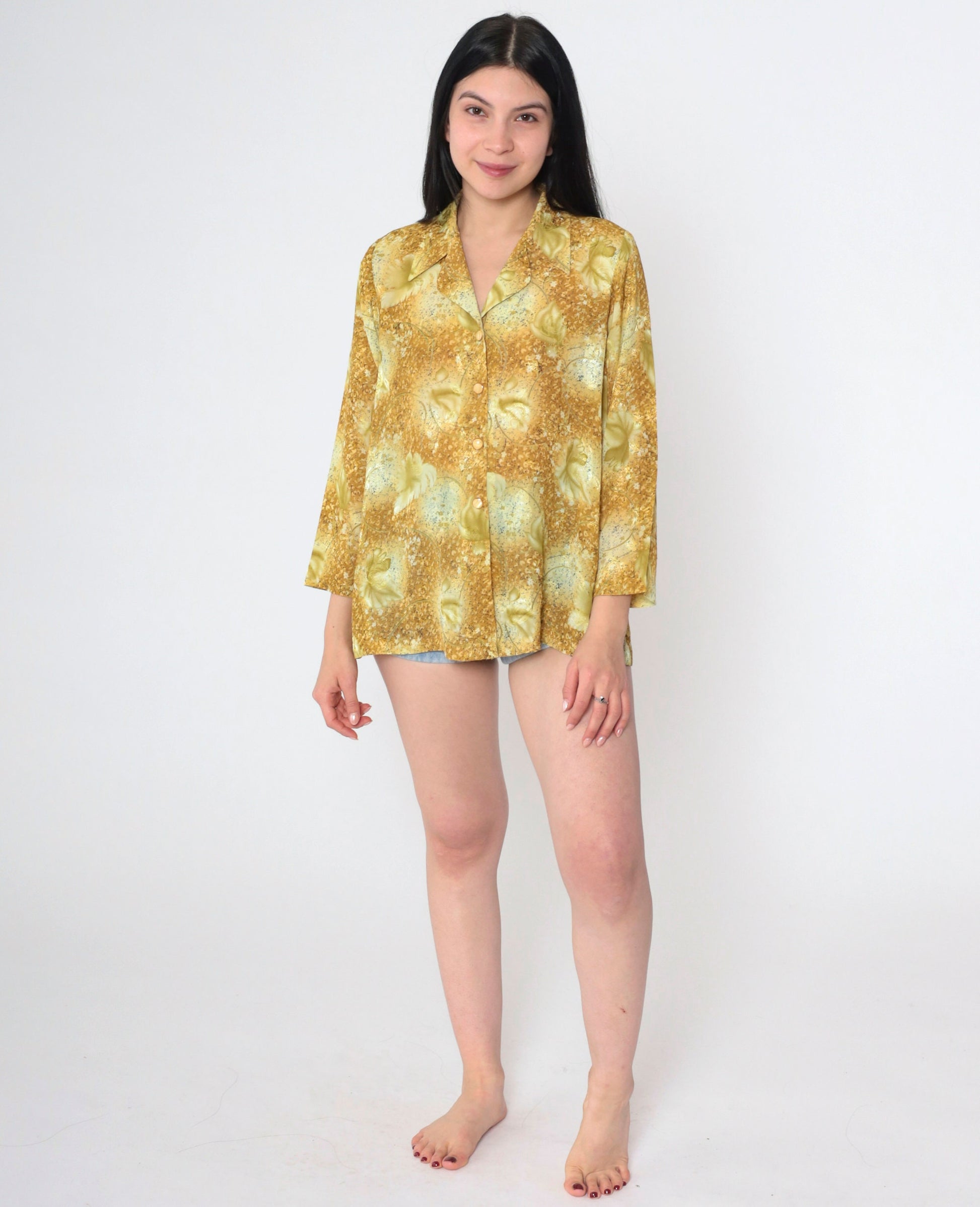 90s Embossed Floral Button-Up Blouse Long Sleeve Green Yellow Pointed Collar Medium