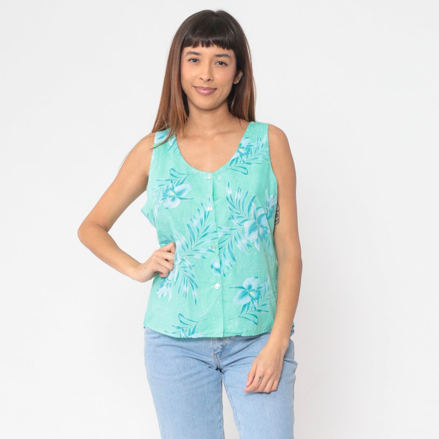 80s Tropical Floral Button-Up Tank Top Turquoise Green Orchid Leaf Print Large