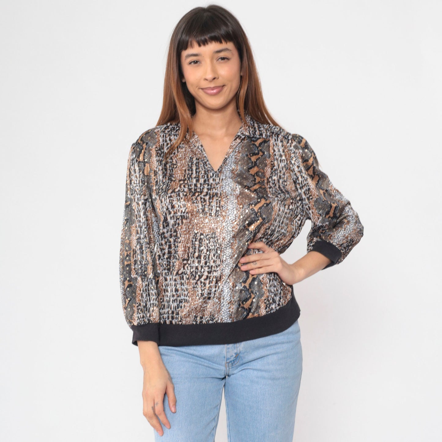 80s Snakeskin Print Blouse Collared V-Neck 3/4 Sleeve Banded Hem Large L