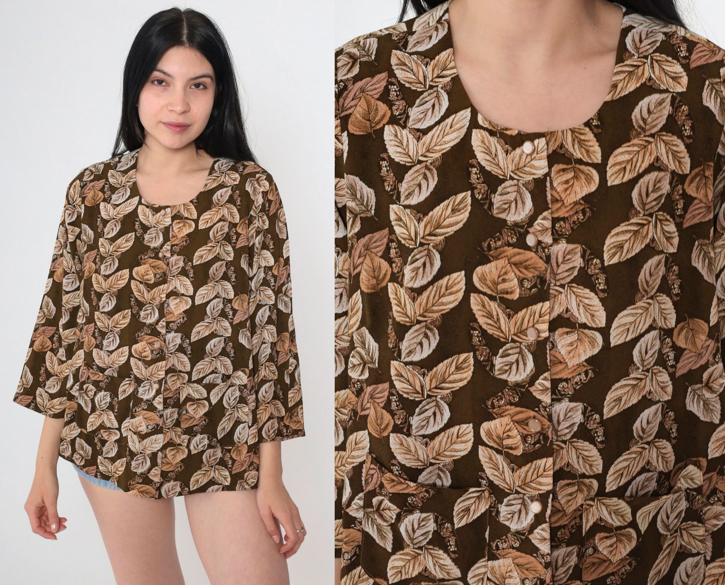 00s Brown Leaf Print Button-Up Blouse 3/4 Sleeve Pocket Shirt Small