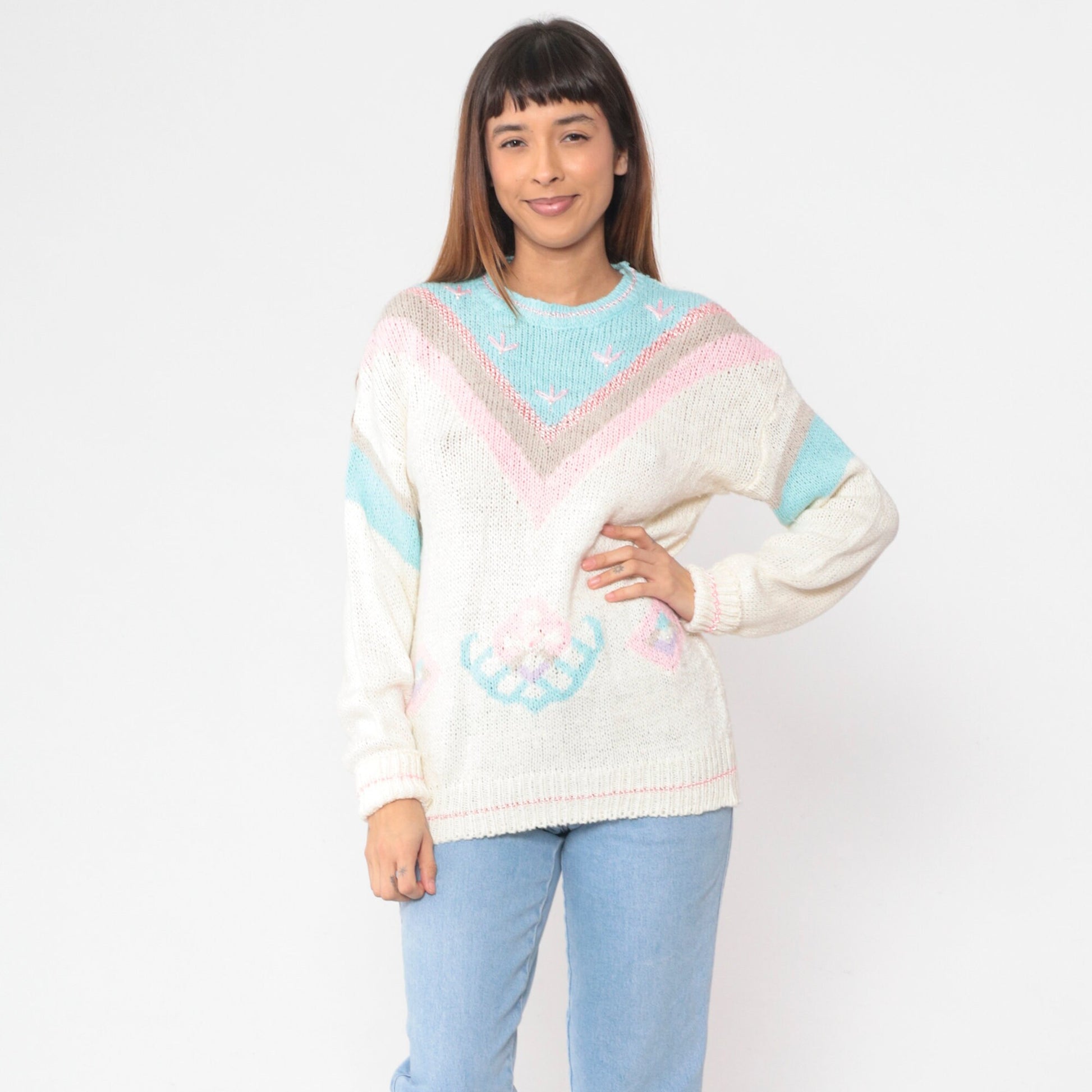 80s Mister Noah Knit Sweater White Pastel Chevron Beaded Floral Embroidered Large