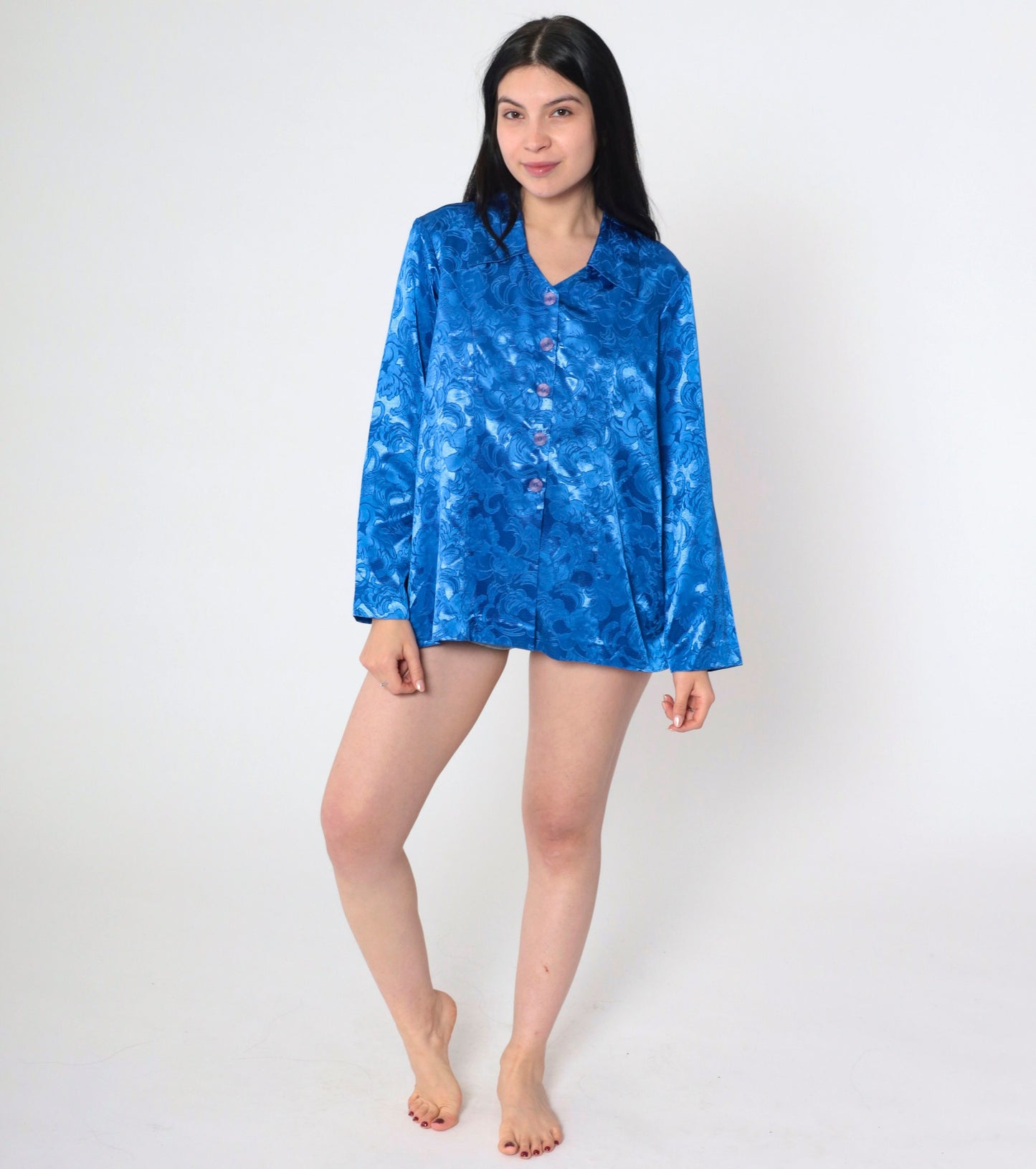 90s Blue Satin Floral Embossed Button-Up Blouse Princess Seam Long Sleeve Large L