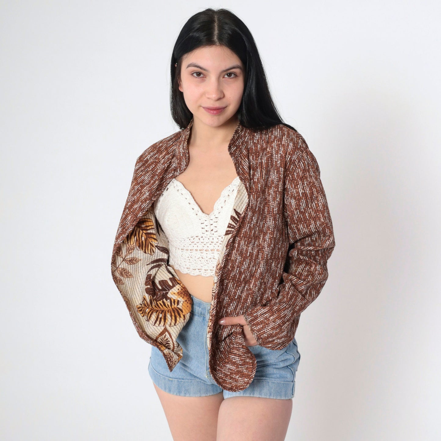 Y2K Reversible Tropical Leopard Floral Jacket Dot Print Mandarin Collar Medium M