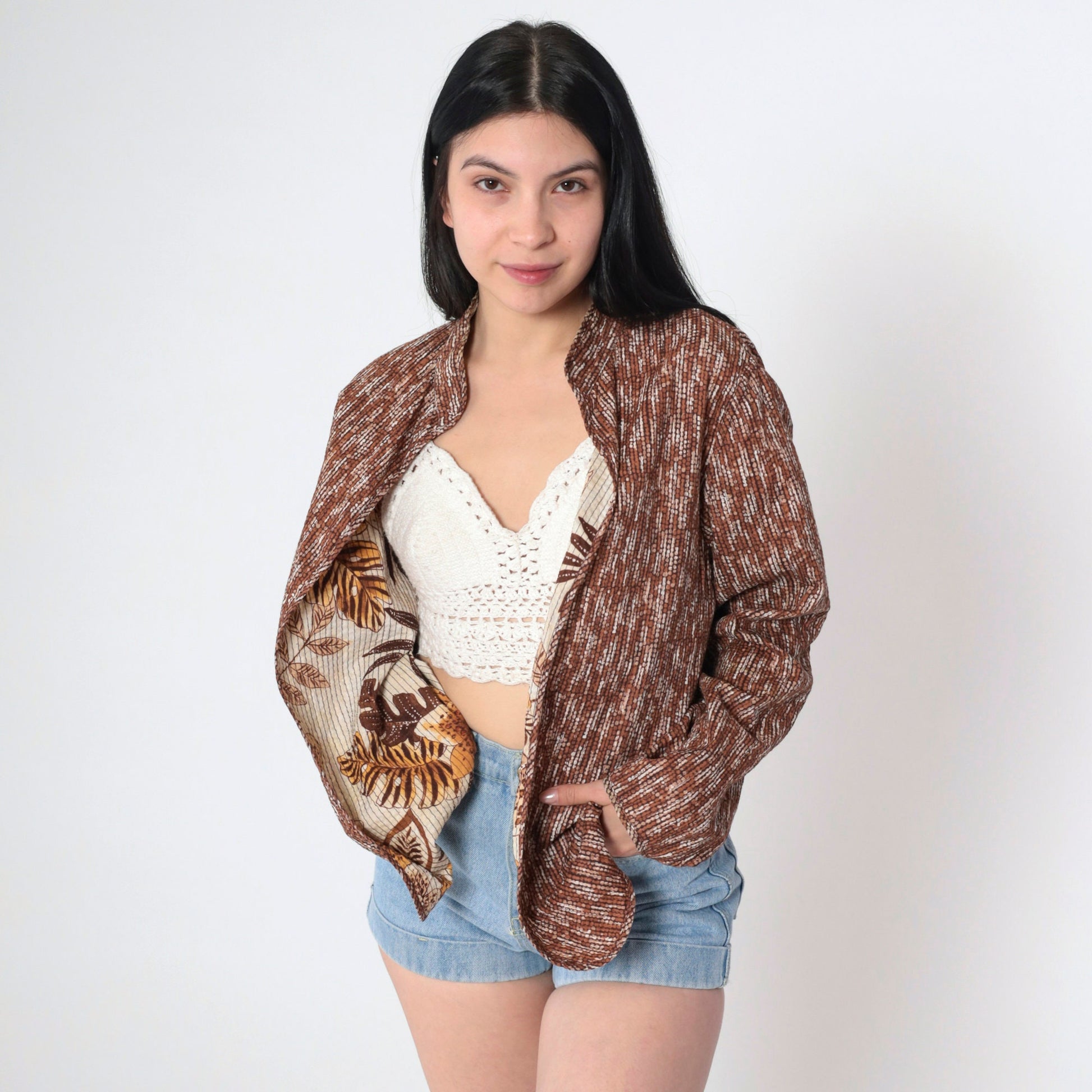 Y2K Reversible Tropical Leopard Floral Jacket Dot Print Mandarin Collar Medium M