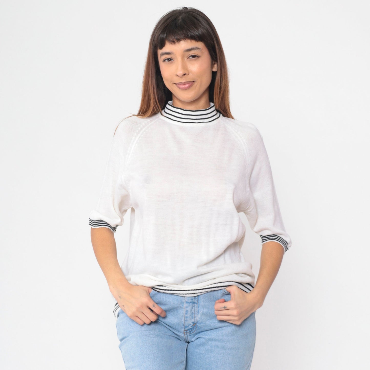 70s Bardoni White Knit Mock Neck Sweater Top Striped Ringer Medium