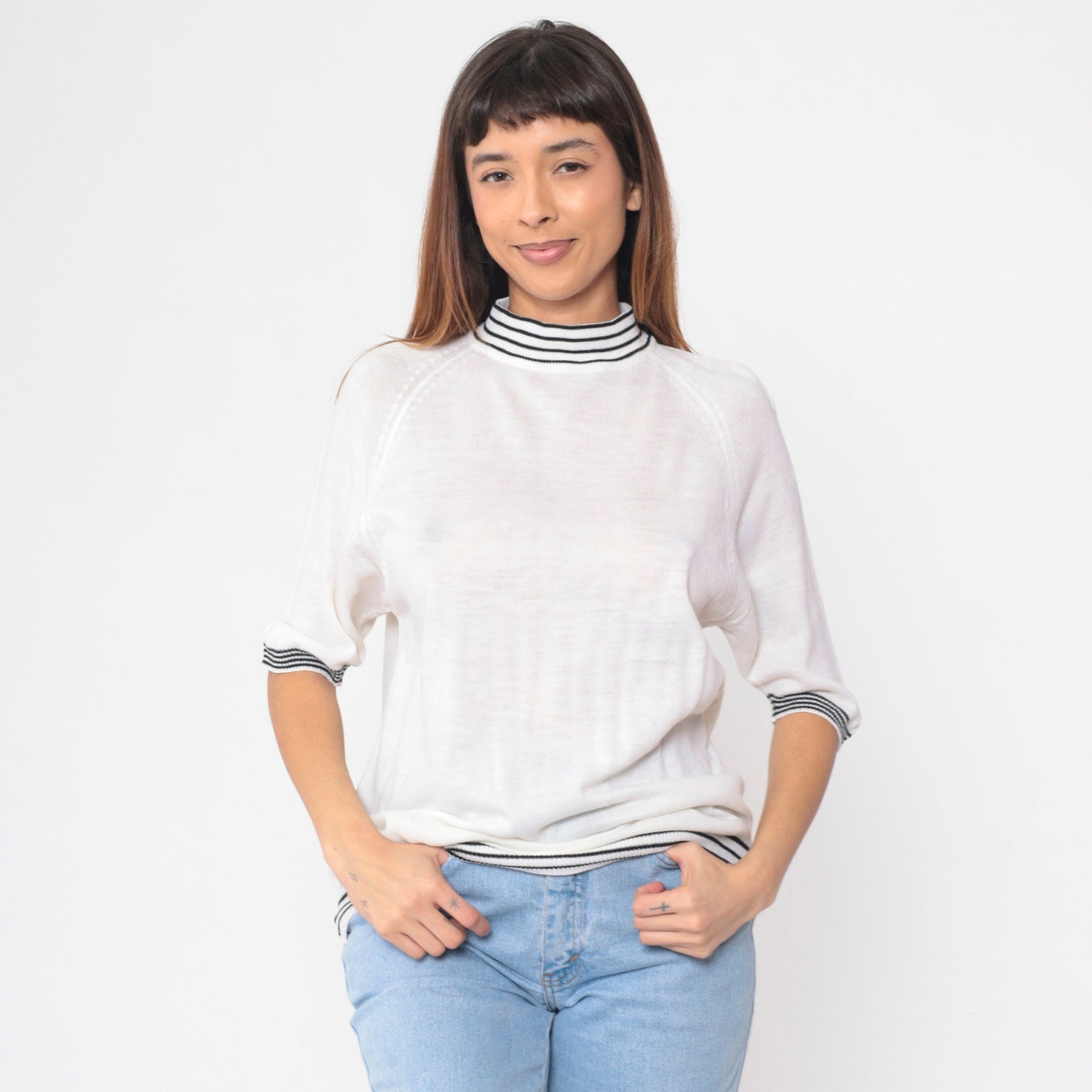 70s Bardoni White Knit Mock Neck Sweater Top Striped Ringer Medium