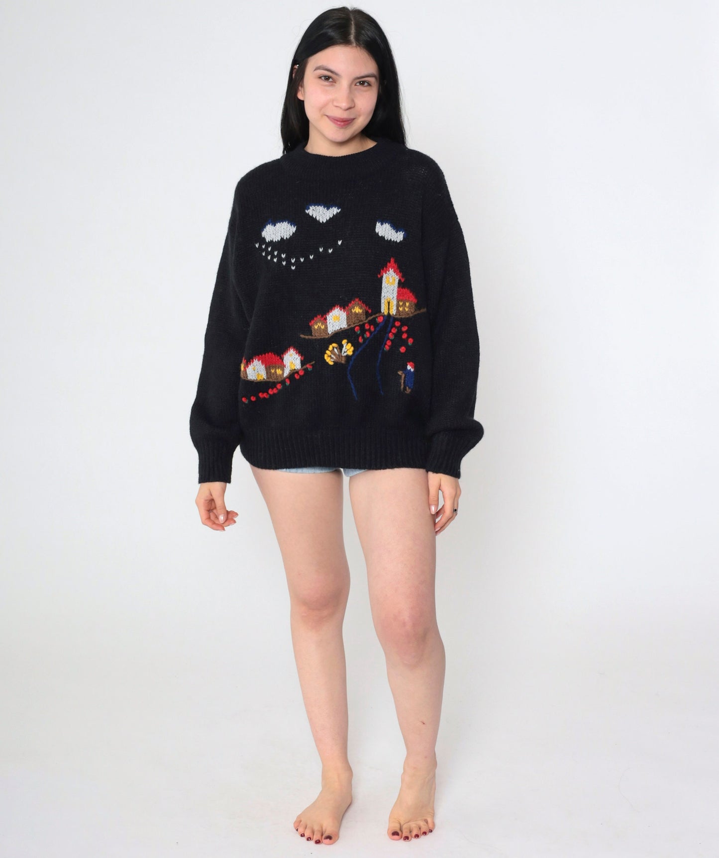 80s Lilly of California Country Village Sweater Black Knit Crewneck Medium
