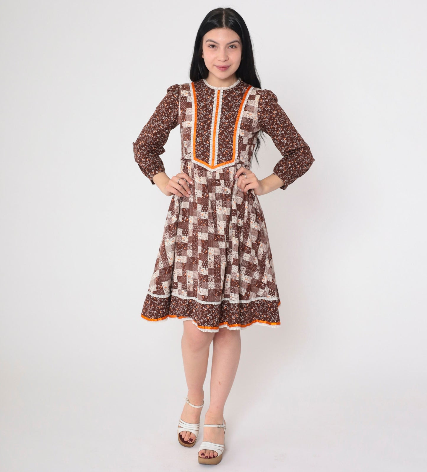 70s Calico Floral Mini Dress Puff Sleeve Patchwork Brown Cotton