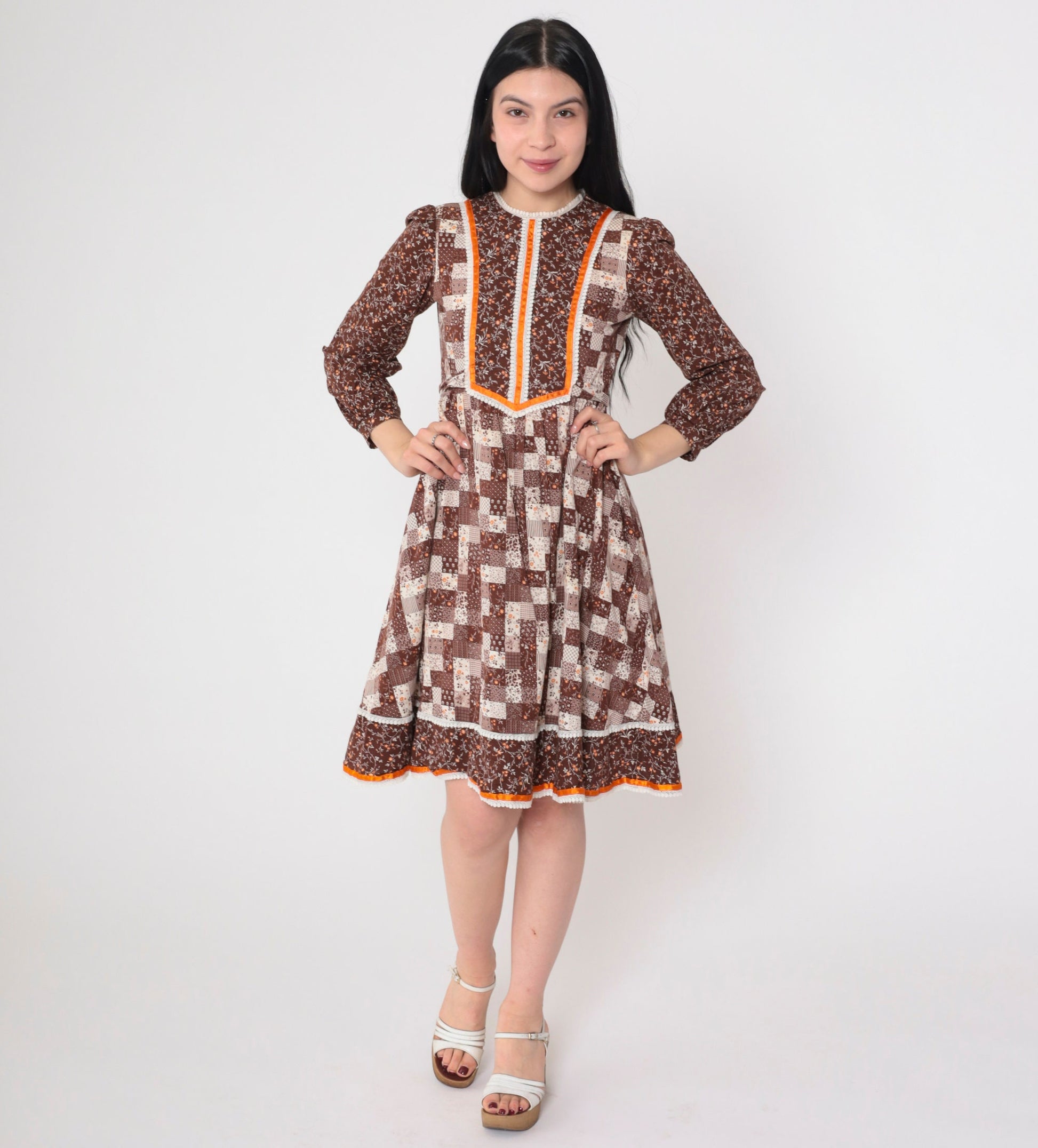 70s Calico Floral Mini Dress Puff Sleeve Patchwork Brown Cotton
