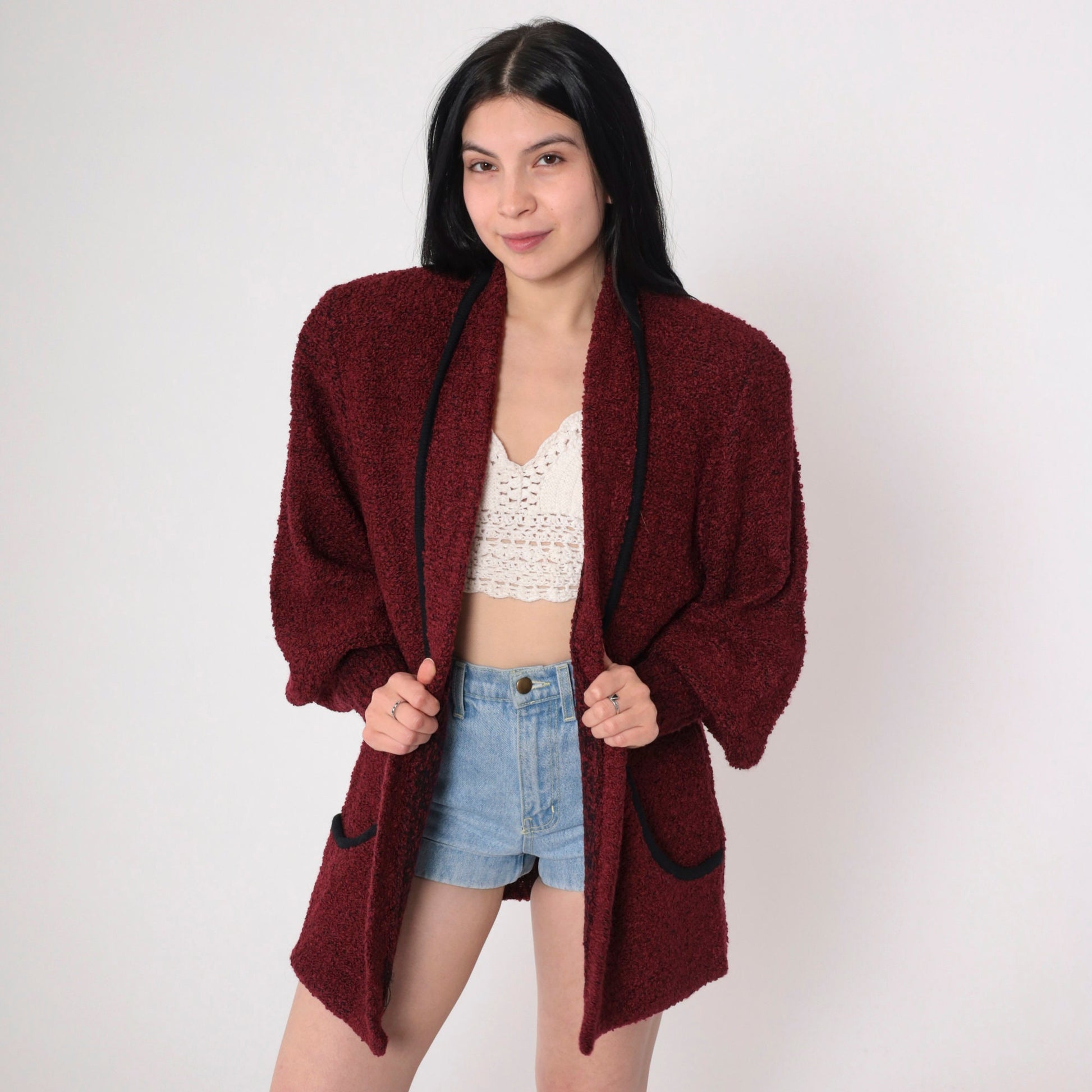 80s Wine Nubby Knit Cardigan Open Front Shoulder Pads Pockets Medium