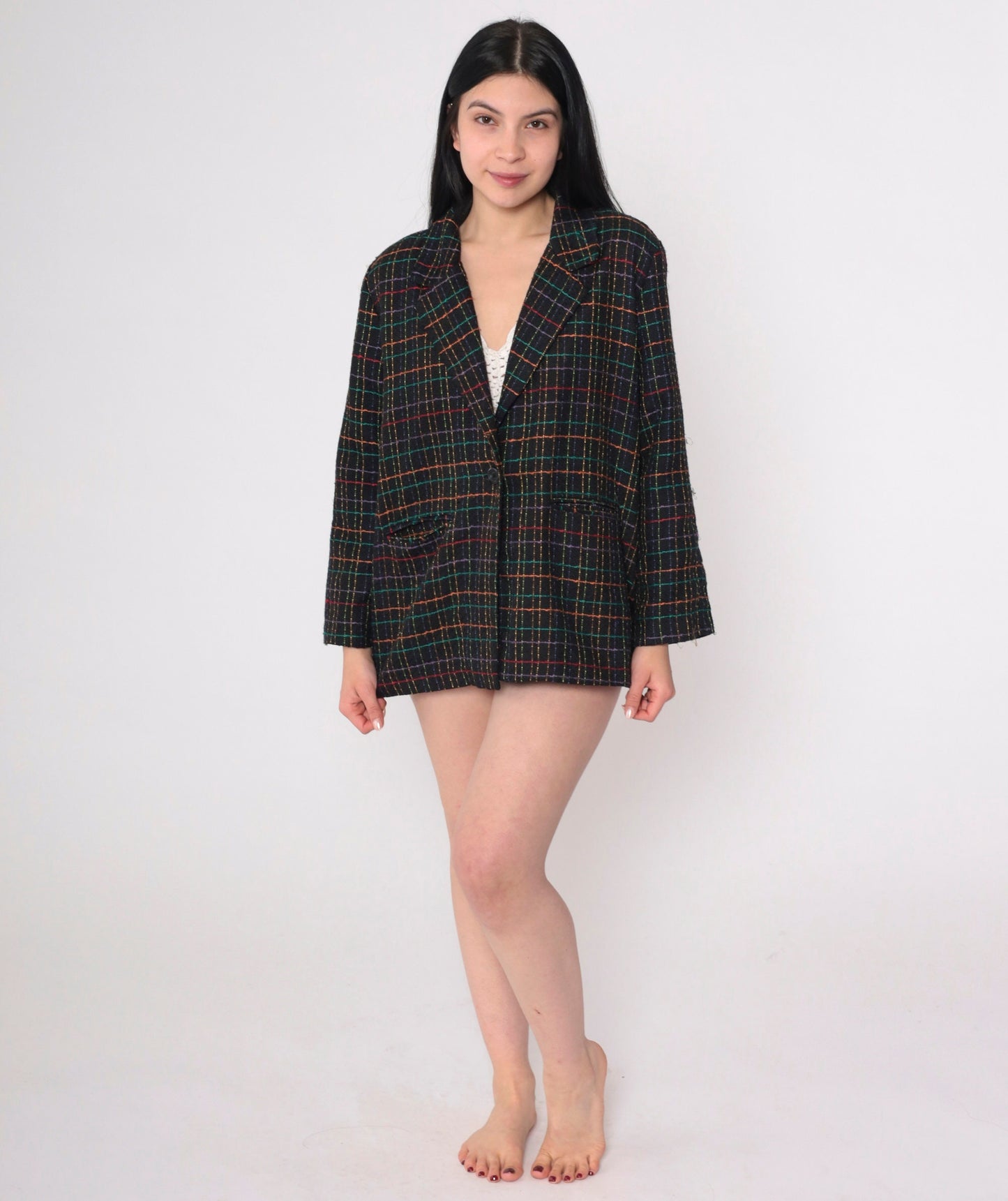 90s Black Checkered Blazer Rainbow Print Button-Up Jacket Large L