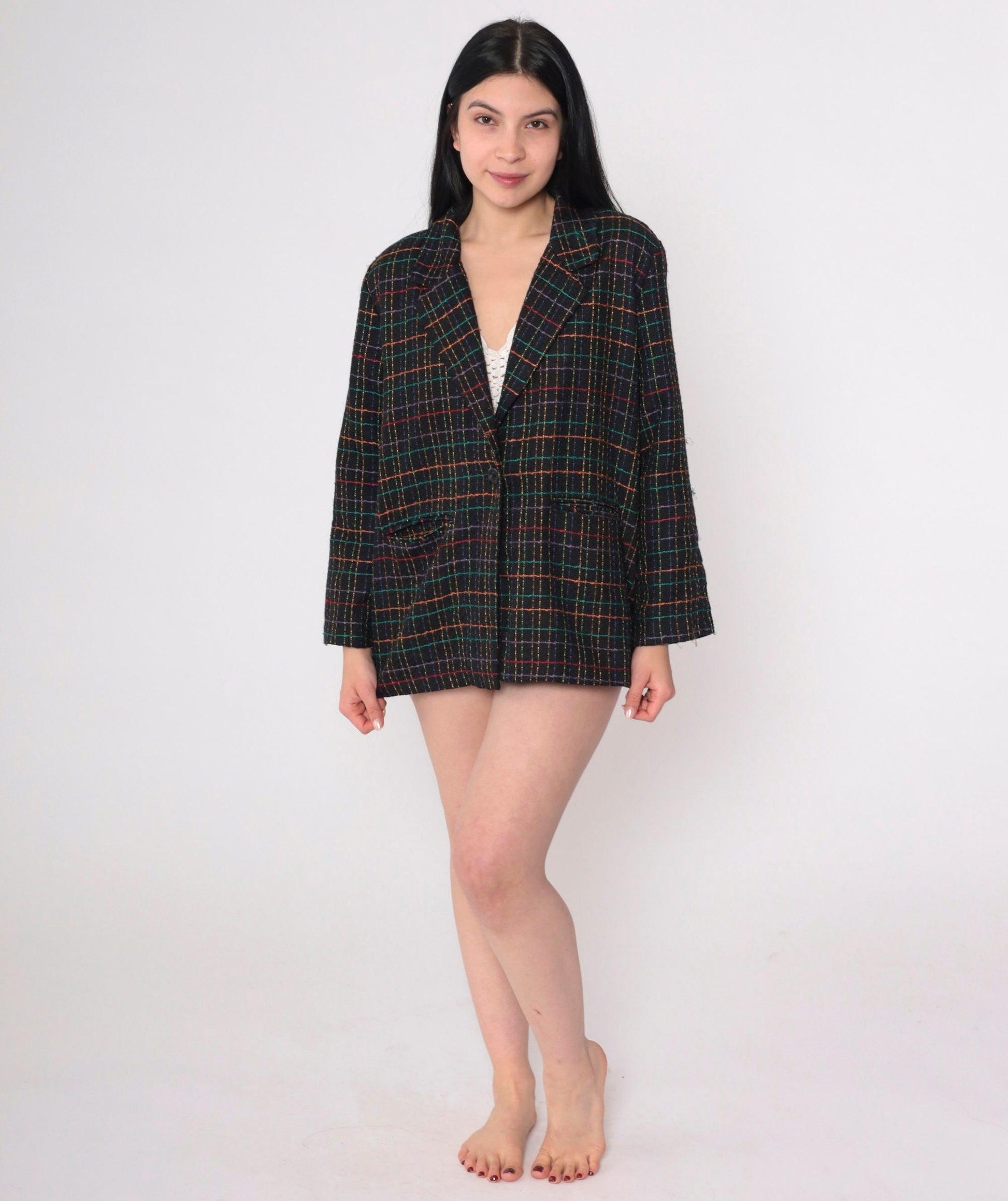 90s Black Checkered Blazer Rainbow Print Button-Up Jacket Large L