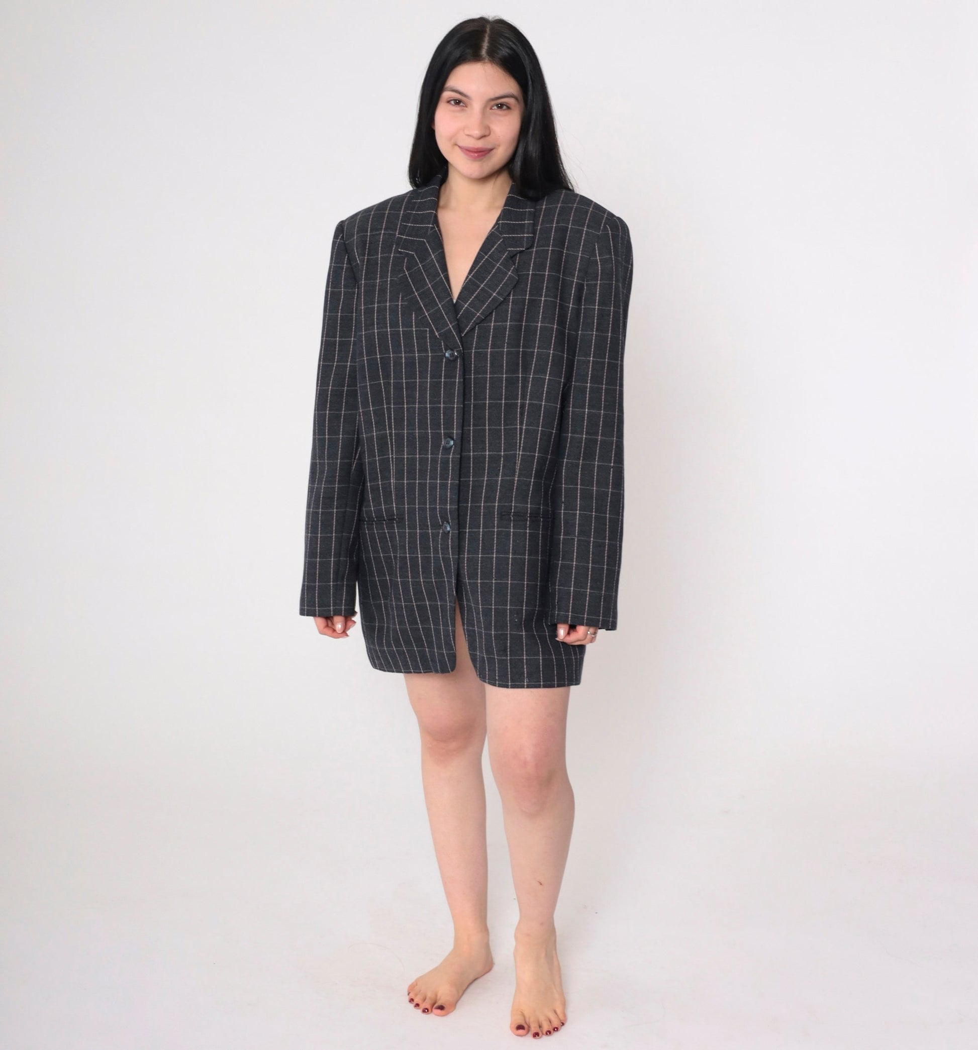 90s Amanda Smith Wool Blazer Charcoal Checkered Button-Up Extra Large