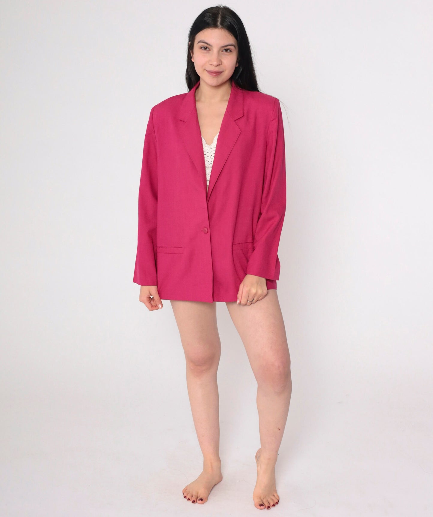 80s Fuchsia Pink Blazer Button-Up Jacket Single Breasted Medium M