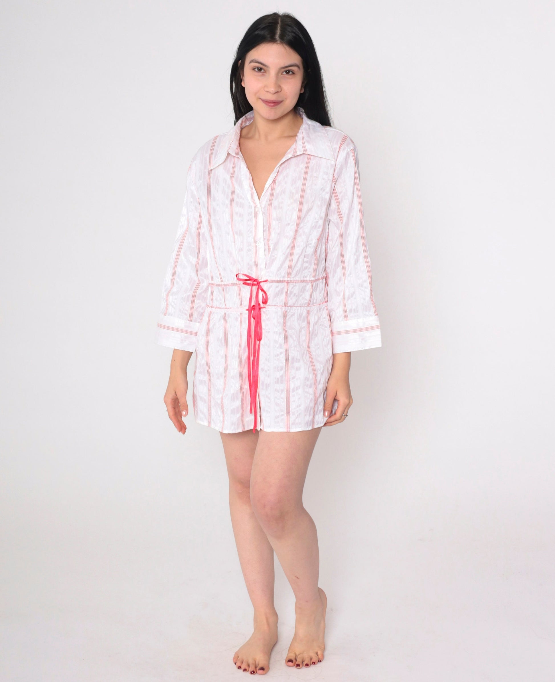 00s Striped Button-Up Blouse Y2K White Red Silver Drawstring Waist Petite Large