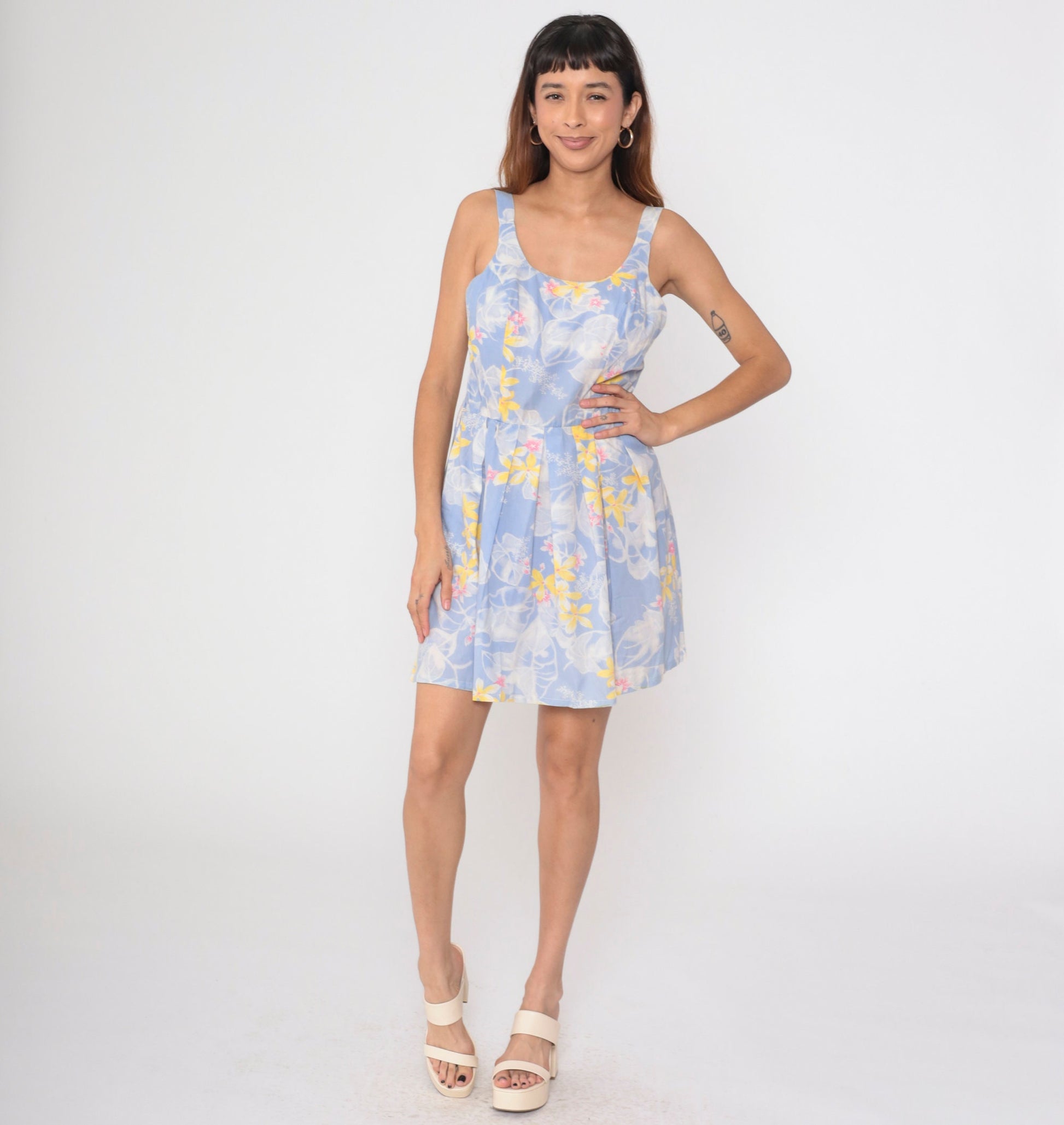 70s Periwinkle Floral Mini Sundress Smocked Tank High Waist Pleated Medium Large