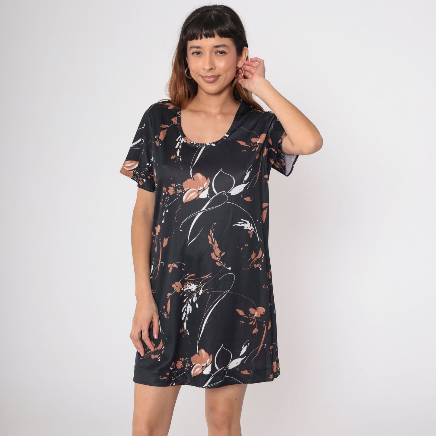 70s Black Floral Abstract Shift Dress Mini Scoop Neck Short Sleeve Medium Large