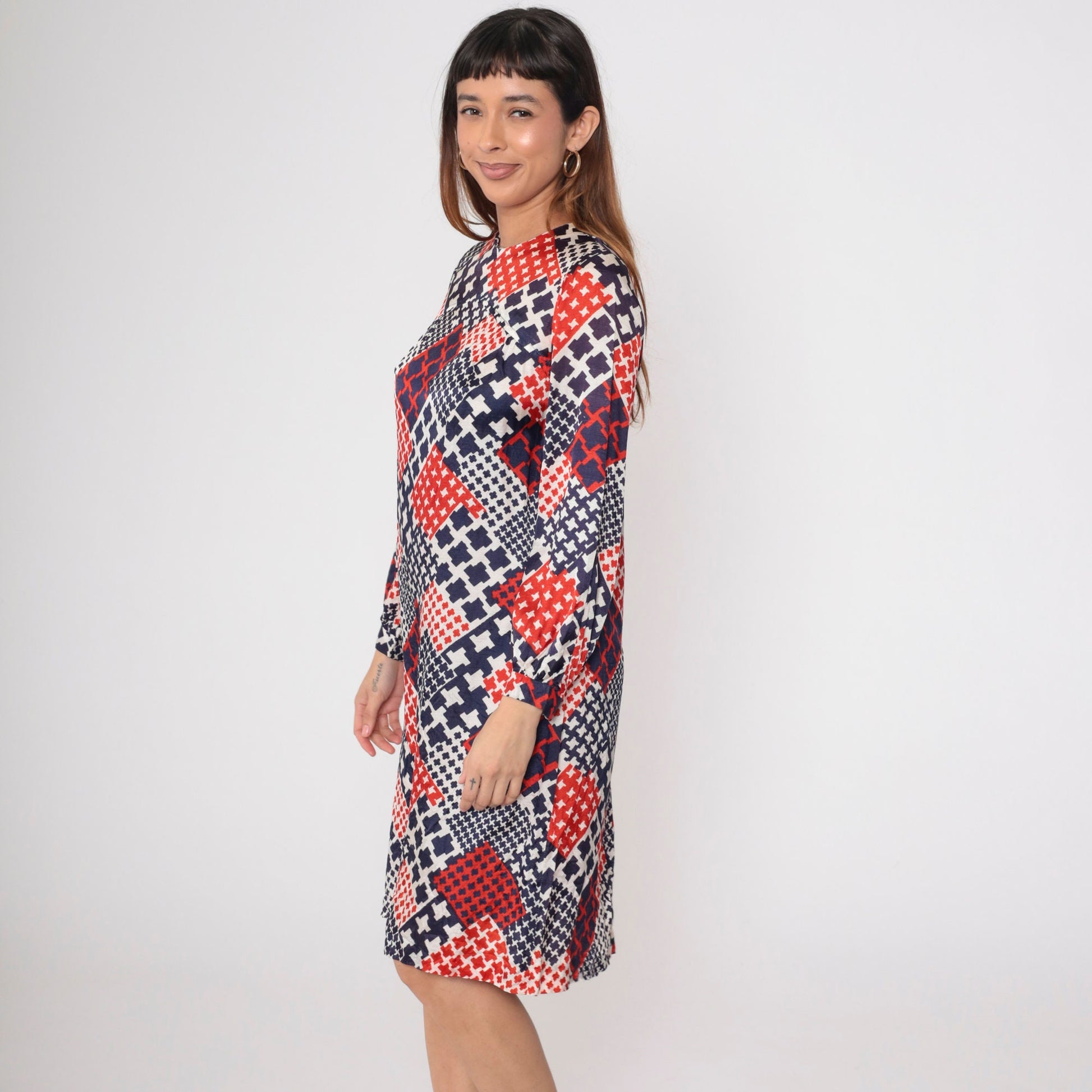 60s Mod Shift Dress Patchwork Houndstooth Red White Blue Small