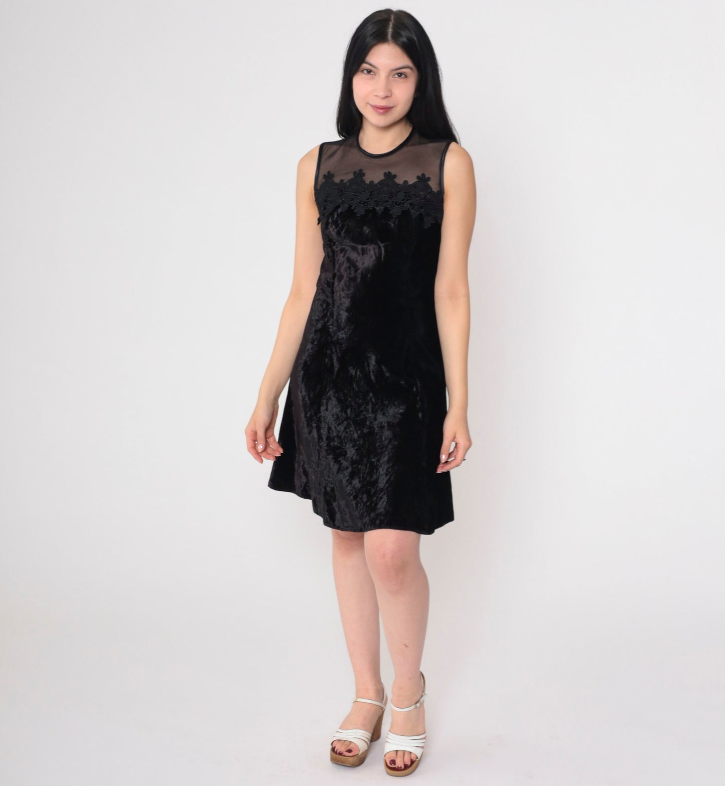 90s Scott McClintock Black Velvet Mini Dress Illusion Neckline Floral Lace Extra Small