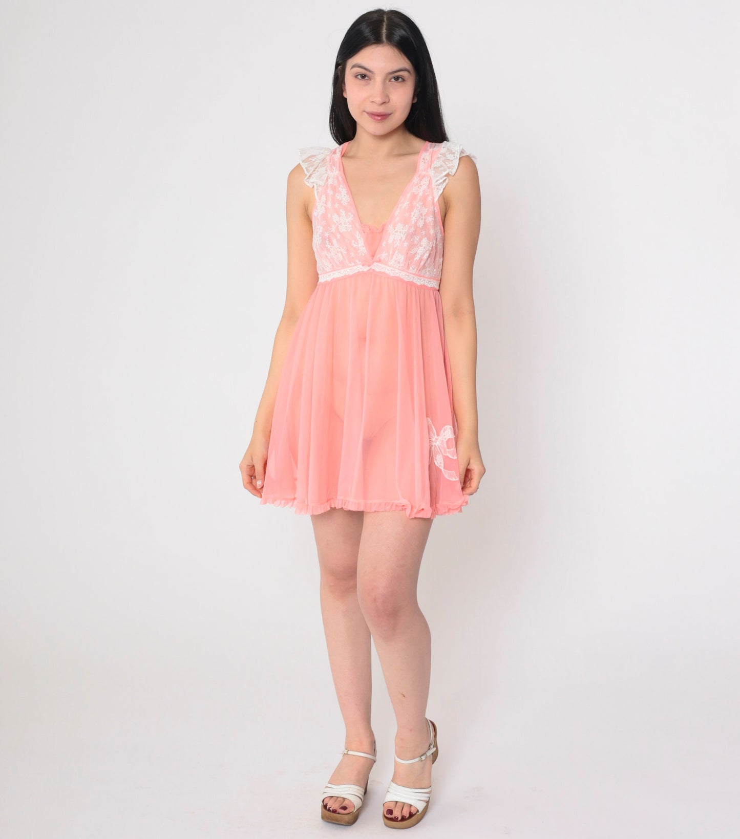 Betsey Johnson Pink Nightie Semi-Sheer Lace Trim Flutter Sleeve Mini Slip Dress Medium