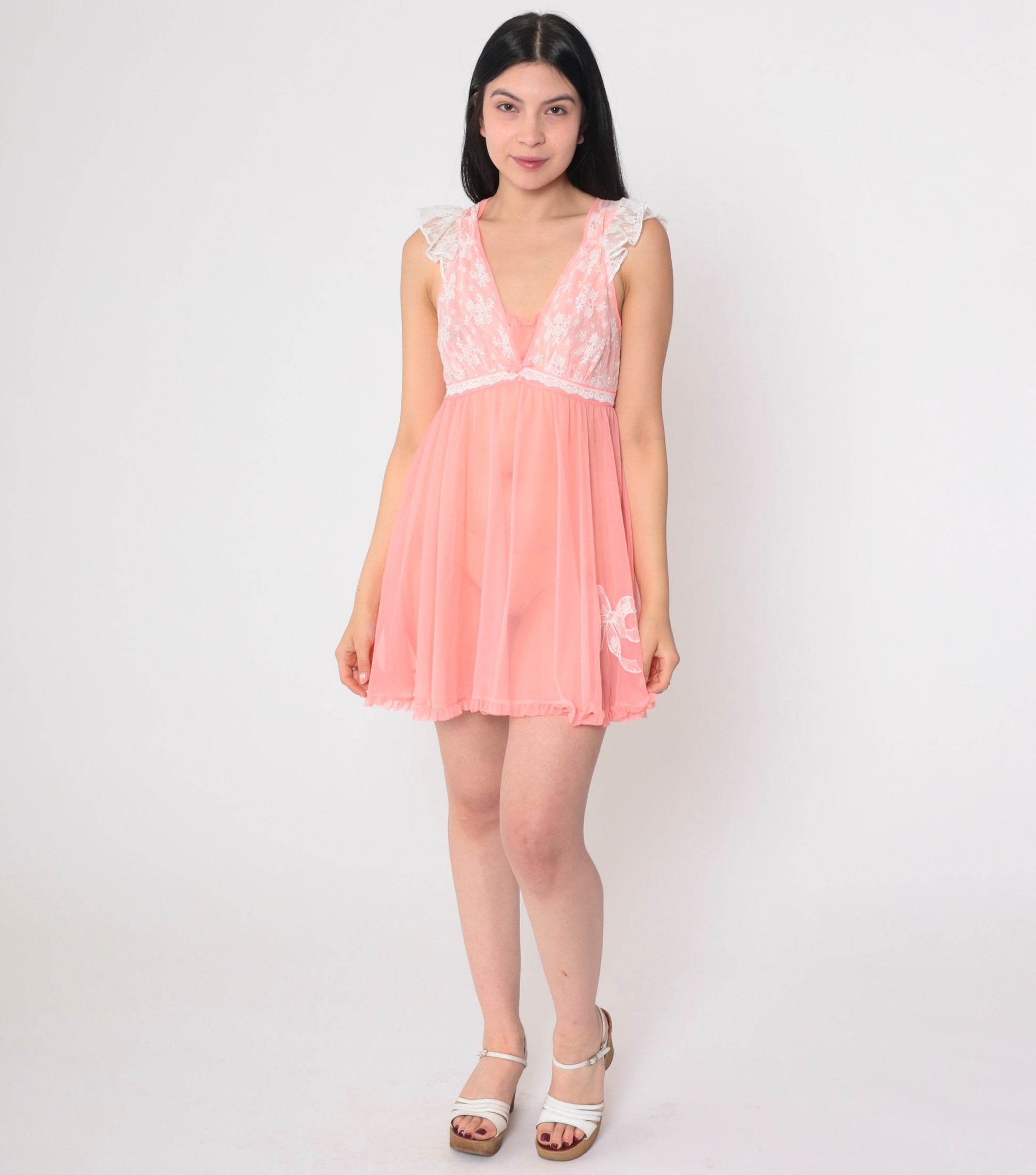 Betsey Johnson Pink Nightie Semi-Sheer Lace Trim Flutter Sleeve Mini Slip Dress Medium
