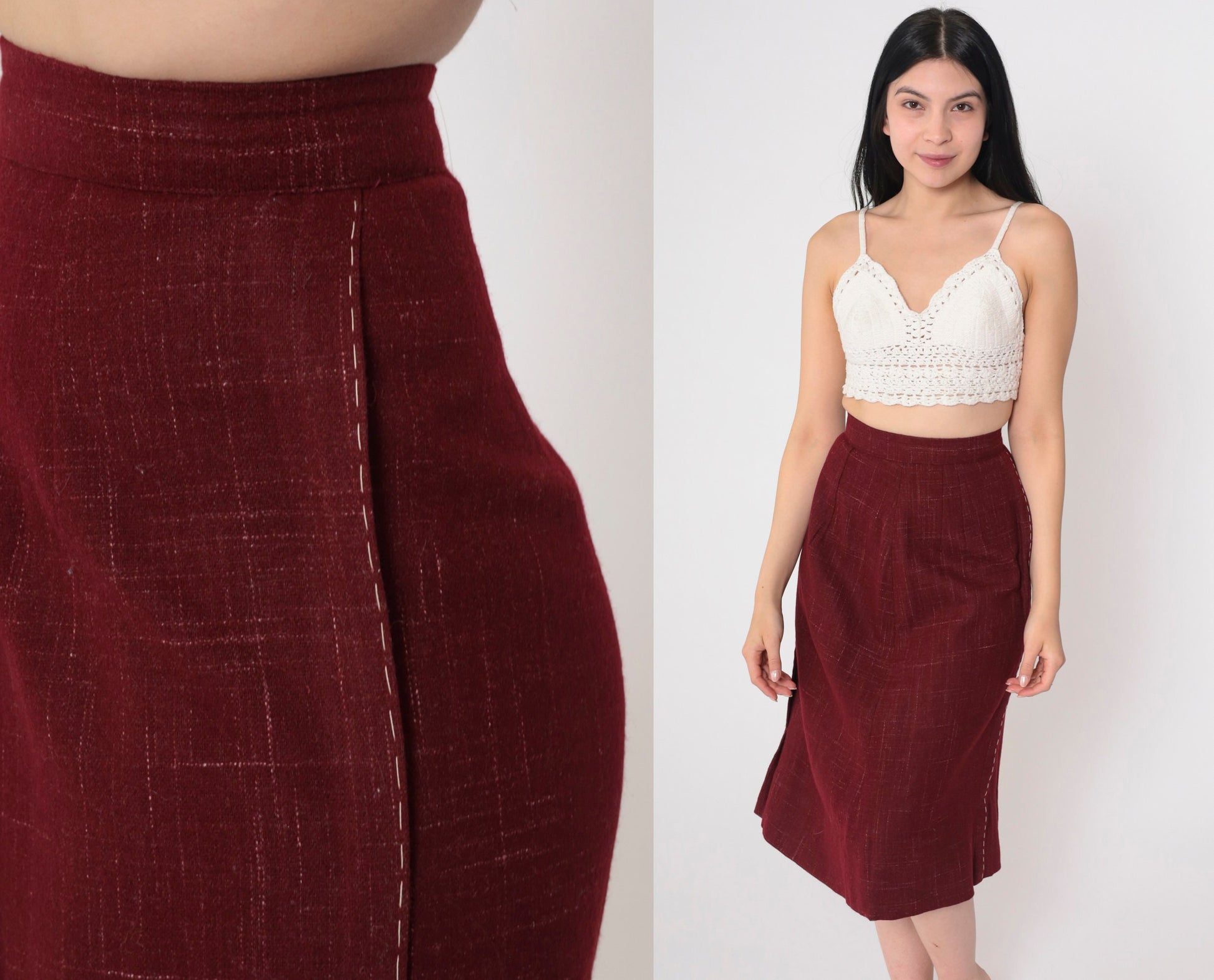 80s Dark Rust Red Midi Skirt High Waist Checkered Topstitch XXS