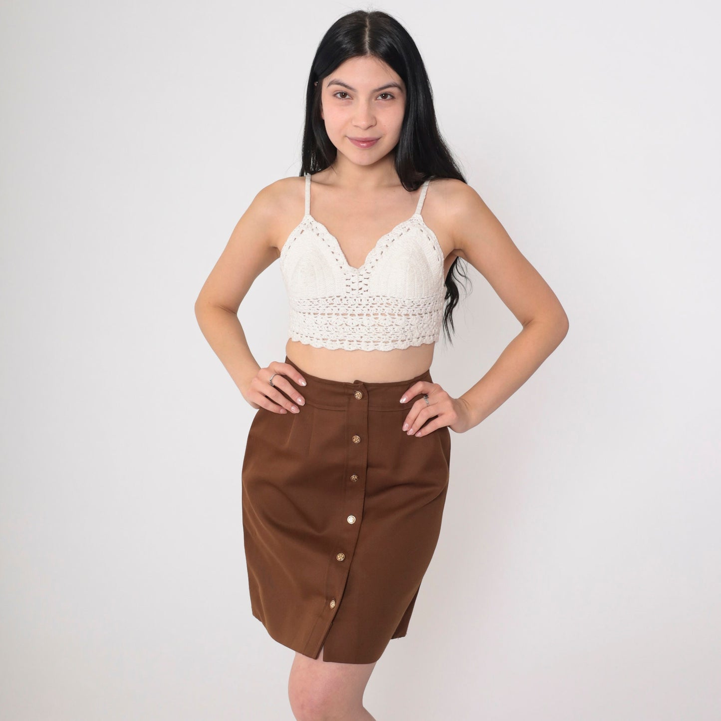 80s Brown Pleated Mini Skirt High Waist Button Front Extra Small